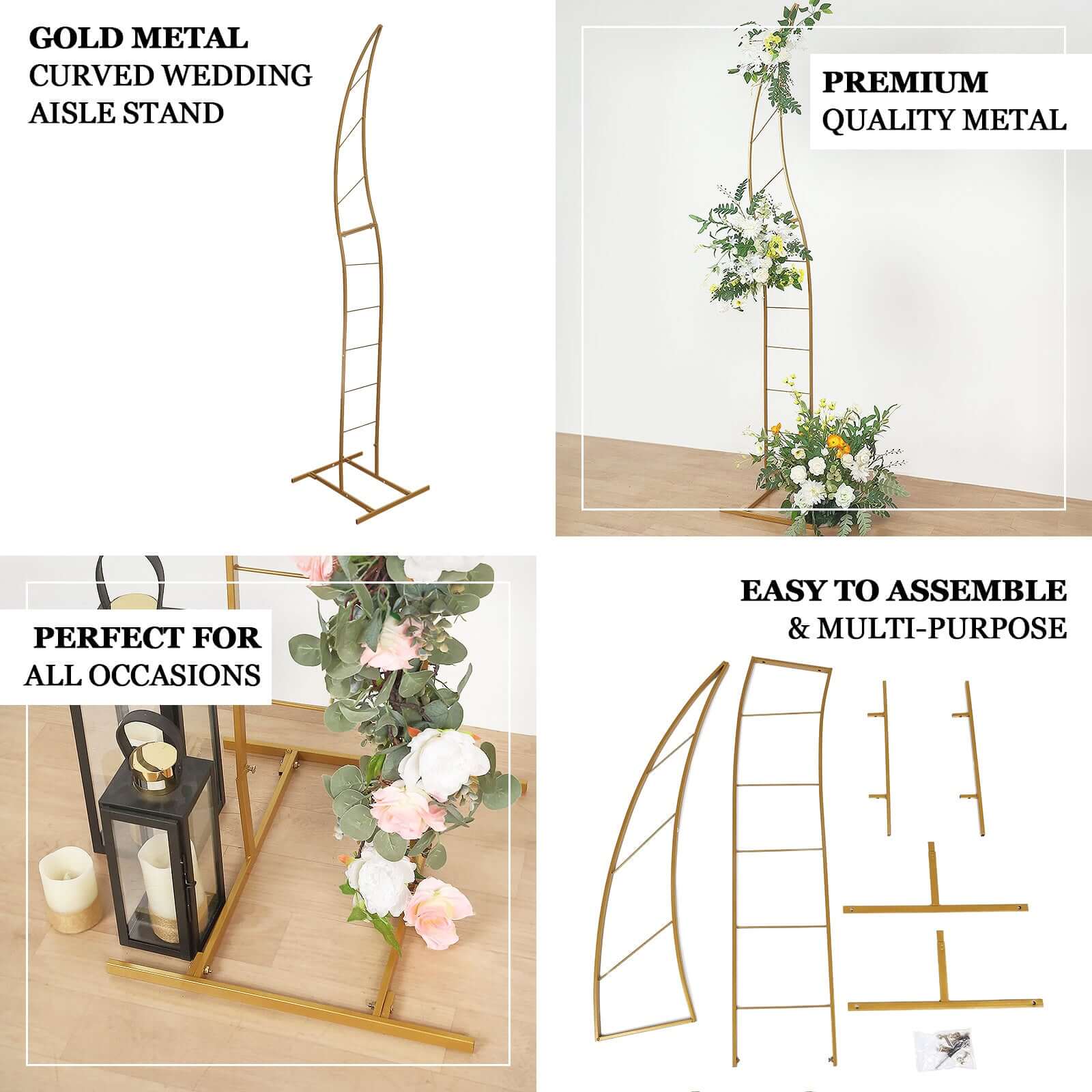 8ft Gold Metal Curved Flower Frame Balloon Arch Stand, Collapsible Wedding Aisle Photo Backdrop With Solid Rectangular Base - Bell Racket Store