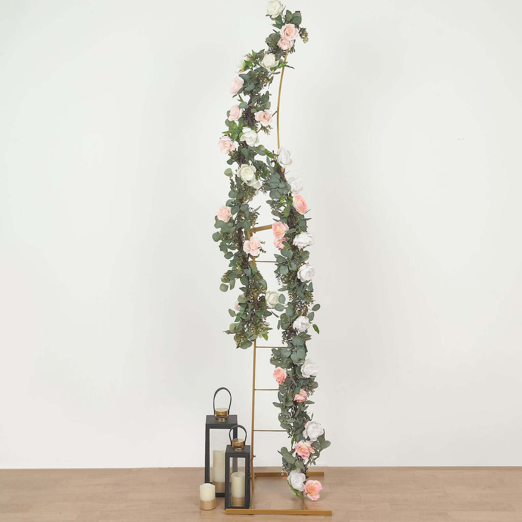 8ft Gold Metal Curved Flower Frame Balloon Arch Stand, Collapsible Wedding Aisle Photo Backdrop With Solid Rectangular Base - Bell Racket Store