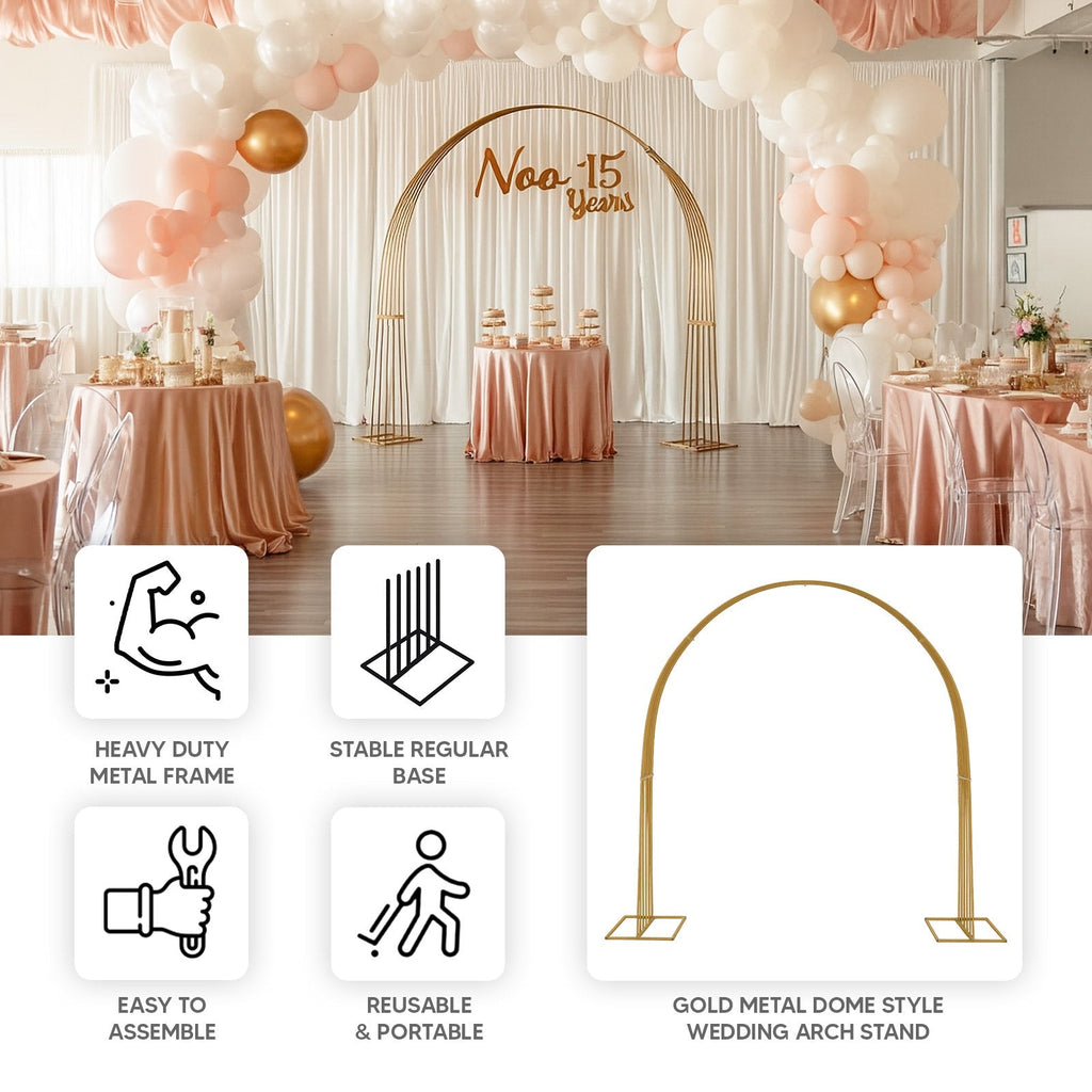 8ft Gold Metal Dome Wedding Arch, Heavy - Duty Backdrop Stand 3D Floral Balloon Frame - Bell Racket Store
