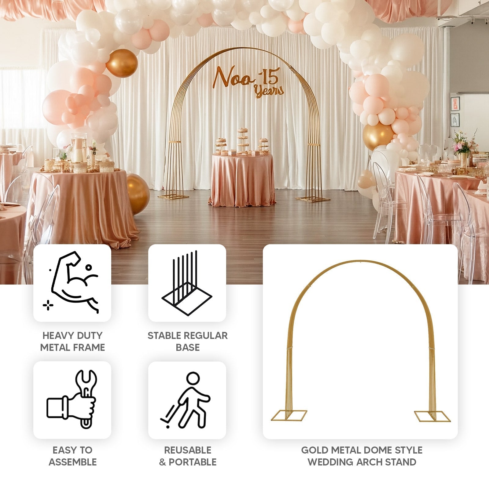 8ft Gold Metal Dome Wedding Arch, Heavy - Duty Backdrop Stand 3D Floral Balloon Frame - Bell Racket Store