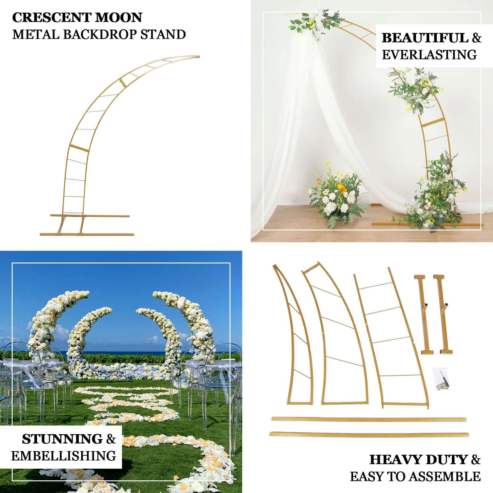 8ft Gold Metal Half Crescent Moon Wedding Arbor Frame, Curved Design Arch Flower Balloon Stand - Bell Racket Store