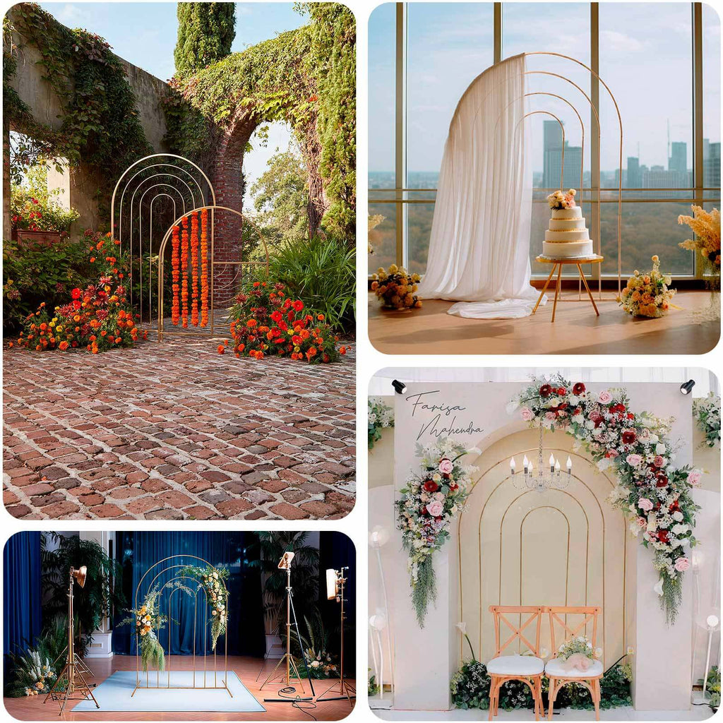 8ft Gold Metal Multi - Layered Round Top Wedding Arch, Rainbow Floral Frame Chiara Backdrop Stand - Bell Racket Store