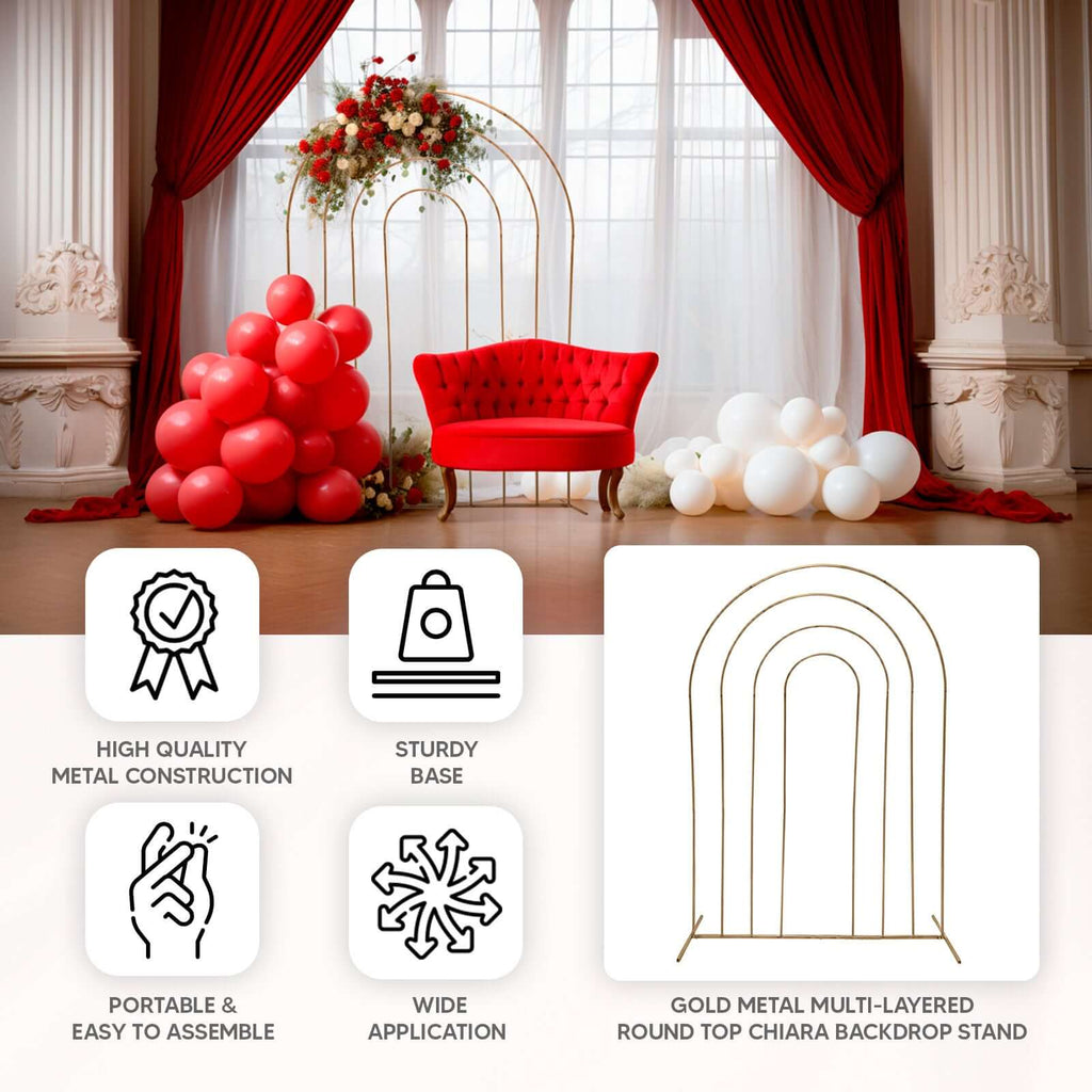 8ft Gold Metal Multi - Layered Round Top Wedding Arch, Rainbow Floral Frame Chiara Backdrop Stand - Bell Racket Store