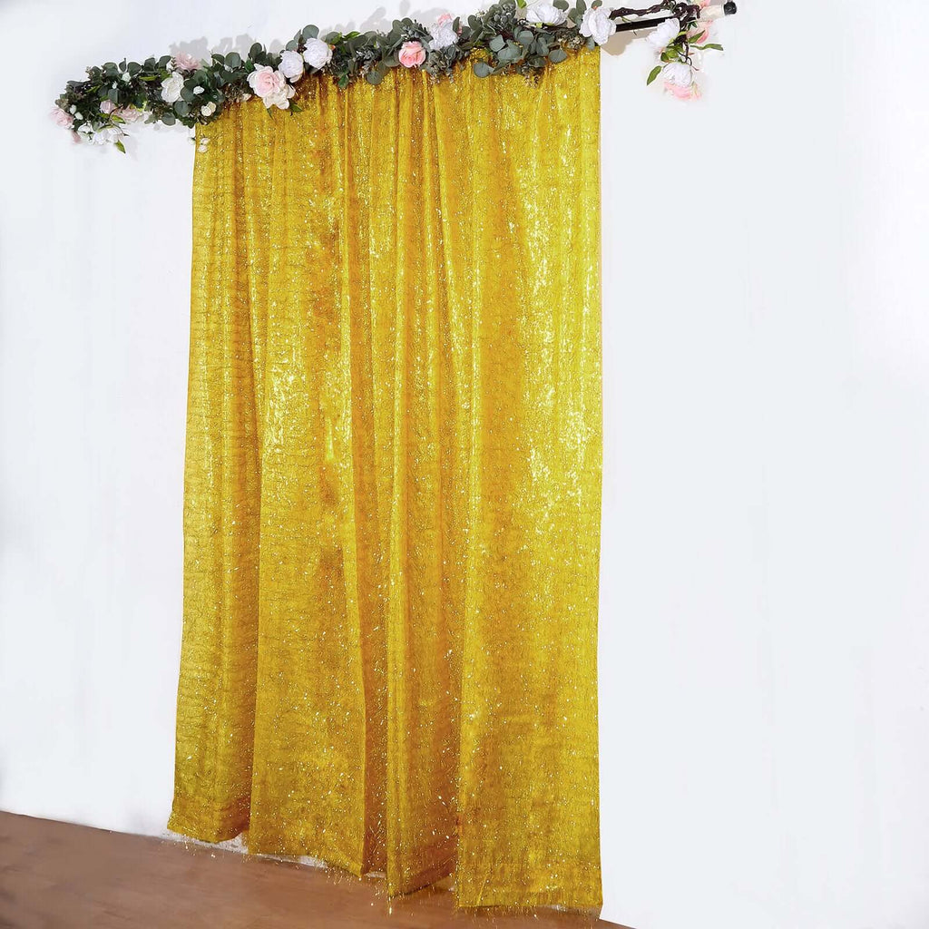 8ft Gold Metallic Fringe Shag Event Drapery Panel, Shimmery Tinsel Polyester Divider Backdrop Curtain - Bell Racket Store