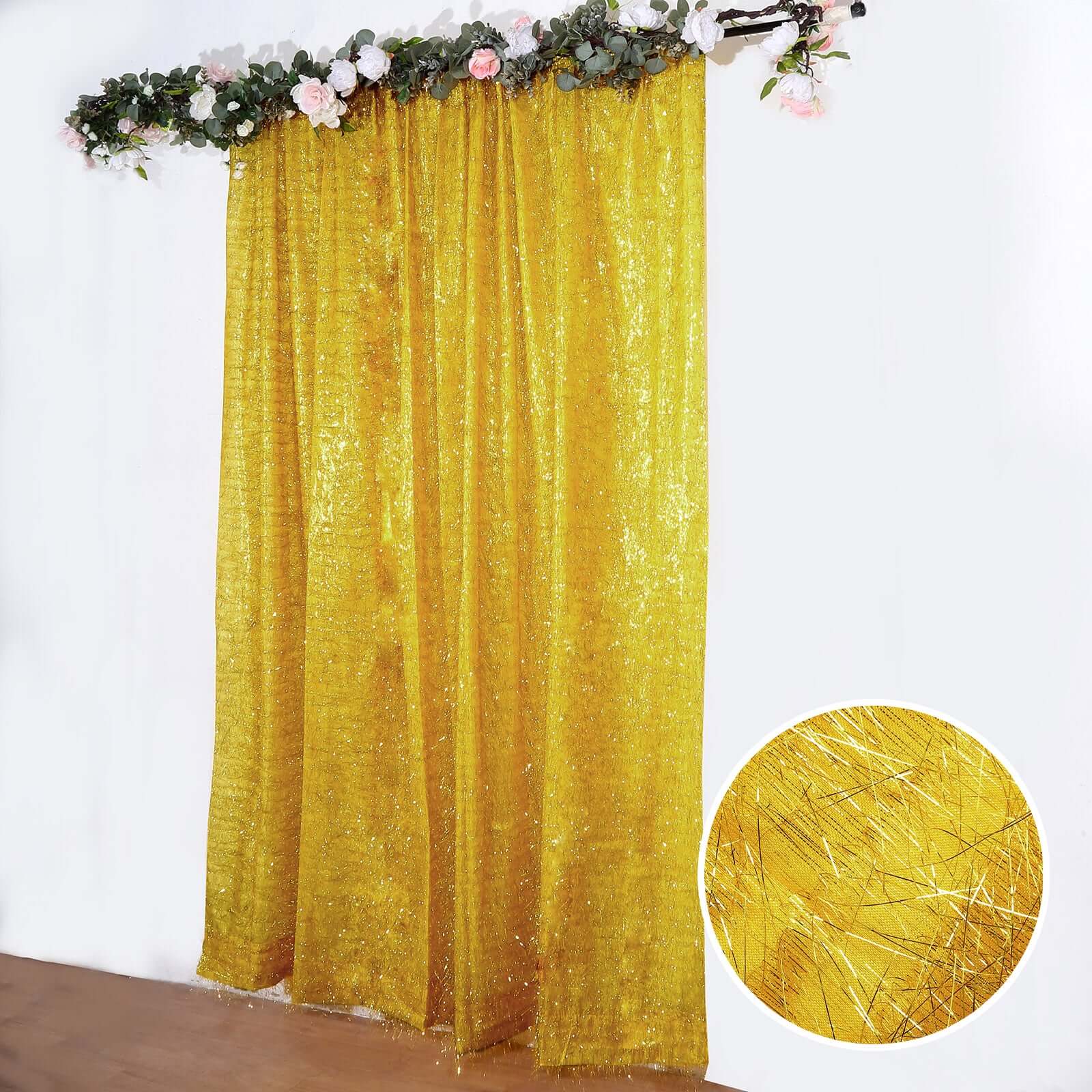 8ft Gold Metallic Fringe Shag Event Drapery Panel, Shimmery Tinsel Polyester Divider Backdrop Curtain - Bell Racket Store