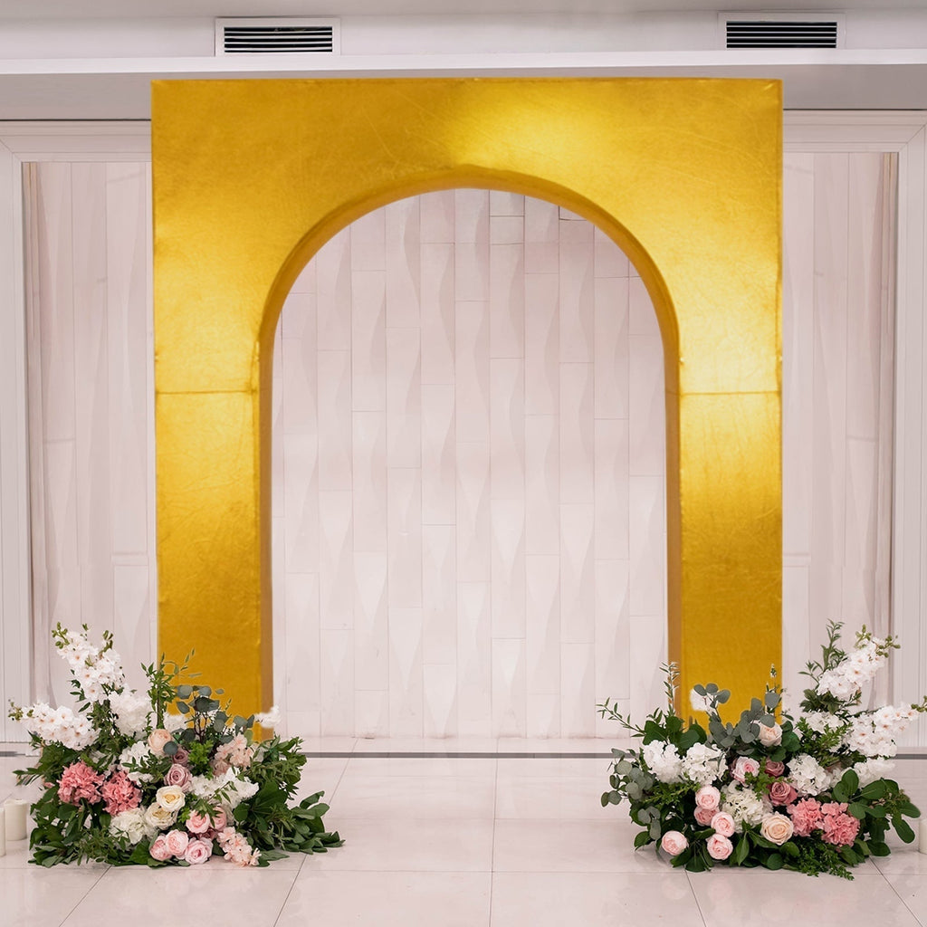 8ft Gold Metallic Spandex Backdrop Stand Cover for Arc de Triomphe Stand, Stretch Fitted Floral Balloon Frame Wedding Arch Cover - Bell Racket Store