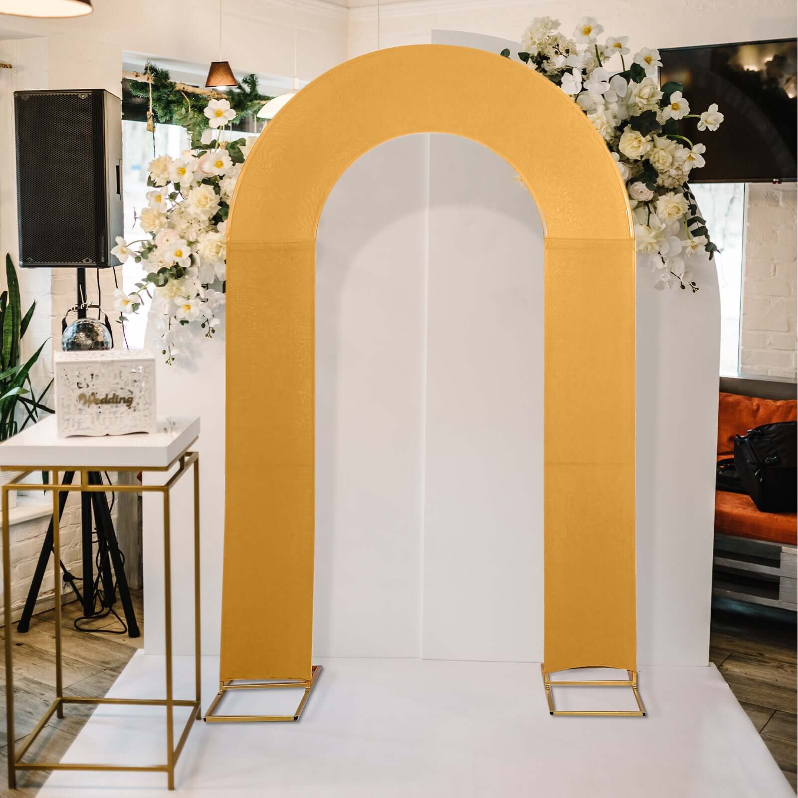 8ft Gold Spandex Fitted Open Arch Wedding Arch Cover, Double - Sided U - Shaped Backdrop Slipcover - Bell Racket Store