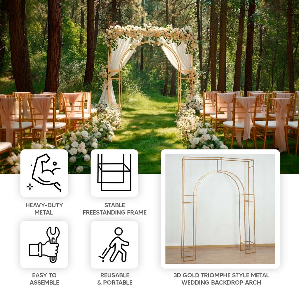 8ft Heavy Duty Gold Metal Rectangular Wedding Arch in Arc de Triomphe Style, 3D Floral Balloon Frame Backdrop Stand - Bell Racket Store