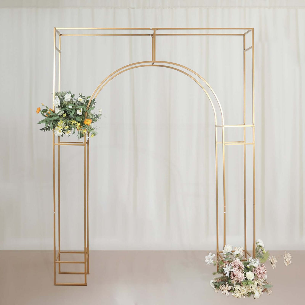 8ft Heavy Duty Gold Metal Rectangular Wedding Arch in Arc de Triomphe Style, 3D Floral Balloon Frame Backdrop Stand - Bell Racket Store