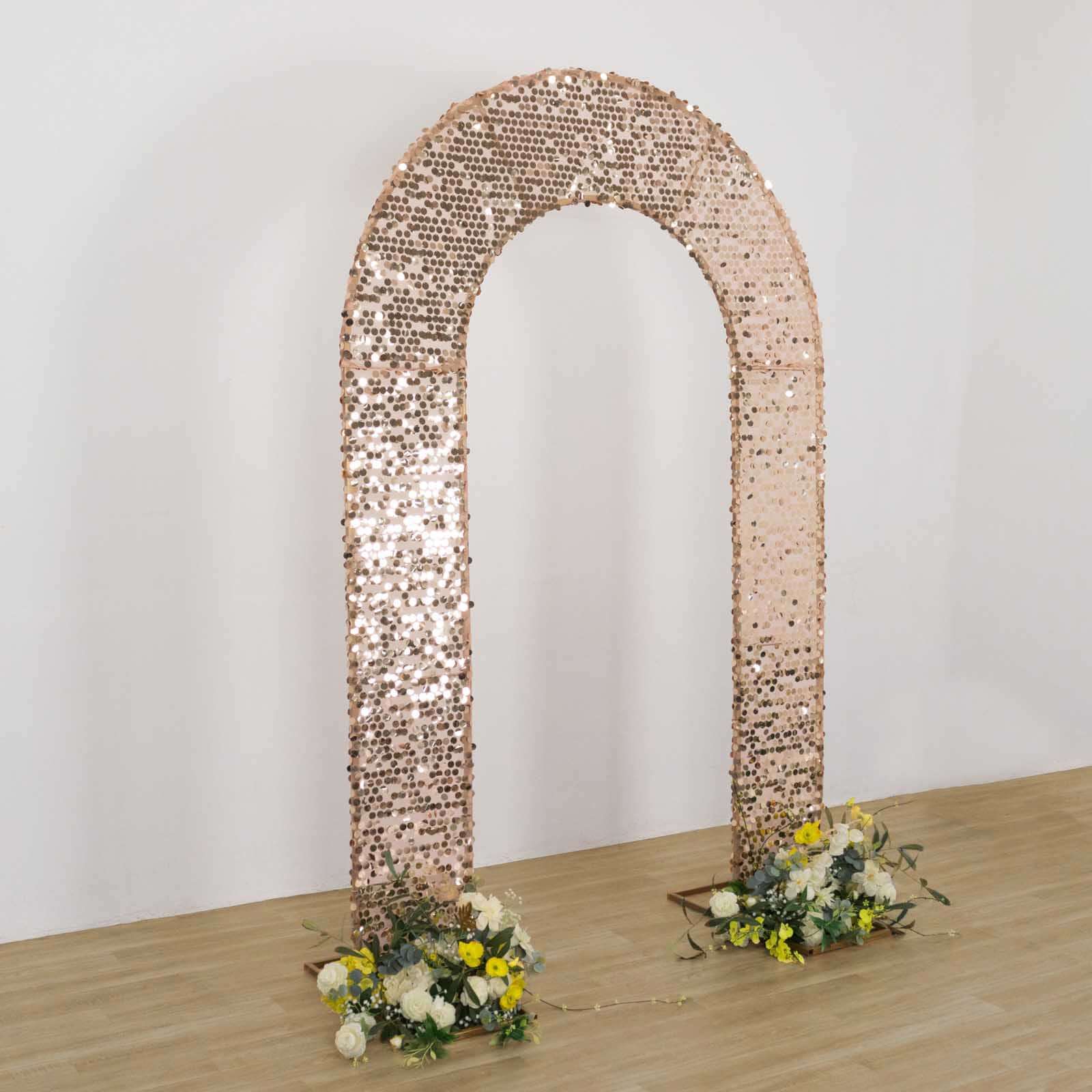 8ft Rose Gold Big Payette Sequin Open Arch Wedding Arch Cover, Sparkly U - Shaped Fitted Backdrop Slipcover - Bell Racket Store