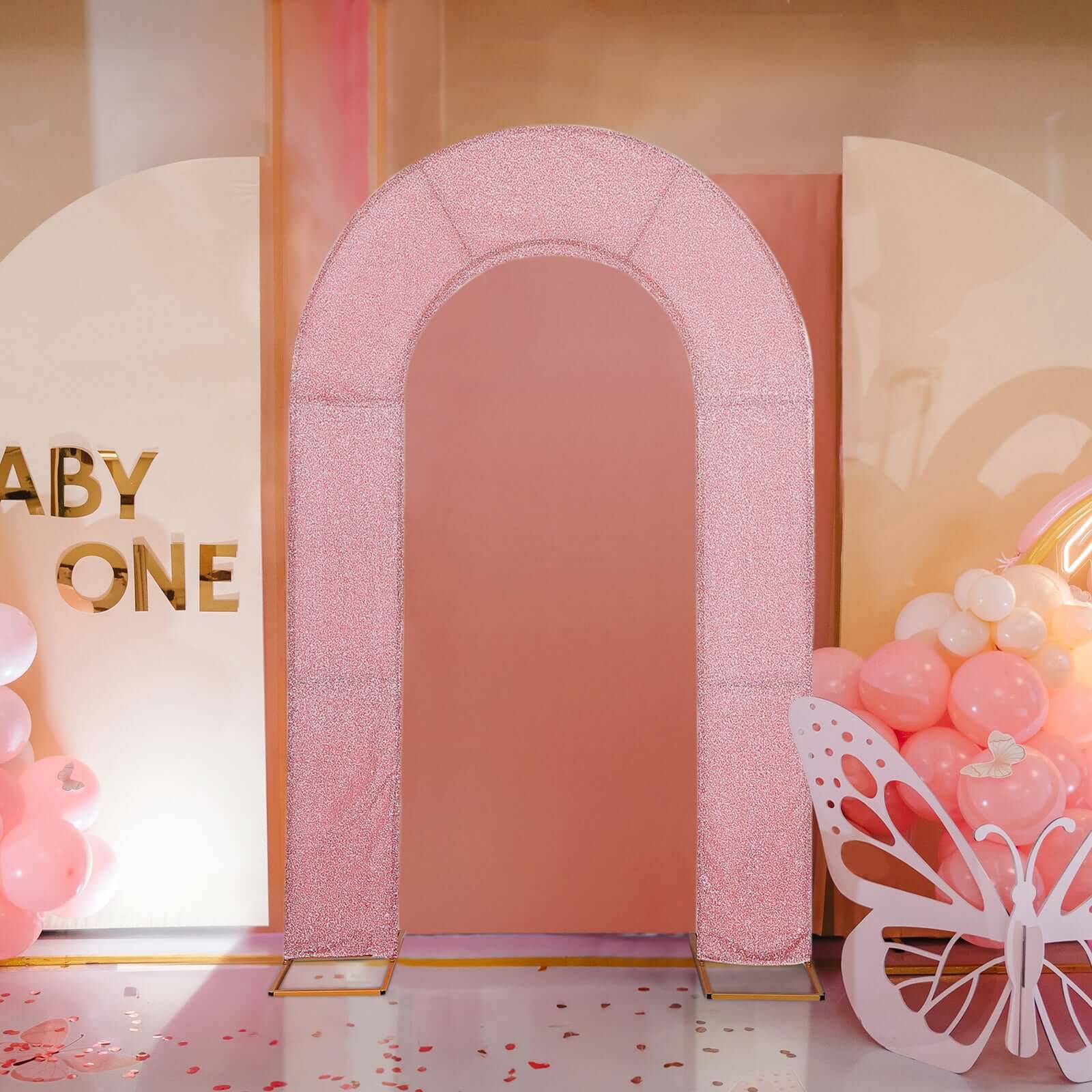 8ft Rose Gold Spandex Fitted U - Shaped Wedding Arch Cover With Shimmer Tinsel Finish, Double - Sided Open Arch Backdrop Slipcover - Bell Racket Store