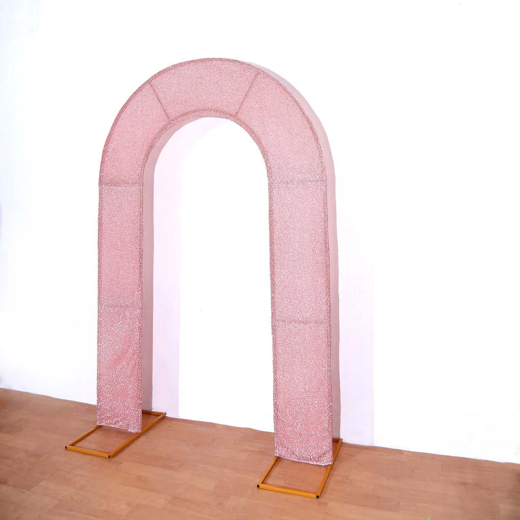 8ft Rose Gold Spandex Fitted U - Shaped Wedding Arch Cover With Shimmer Tinsel Finish, Double - Sided Open Arch Backdrop Slipcover - Bell Racket Store