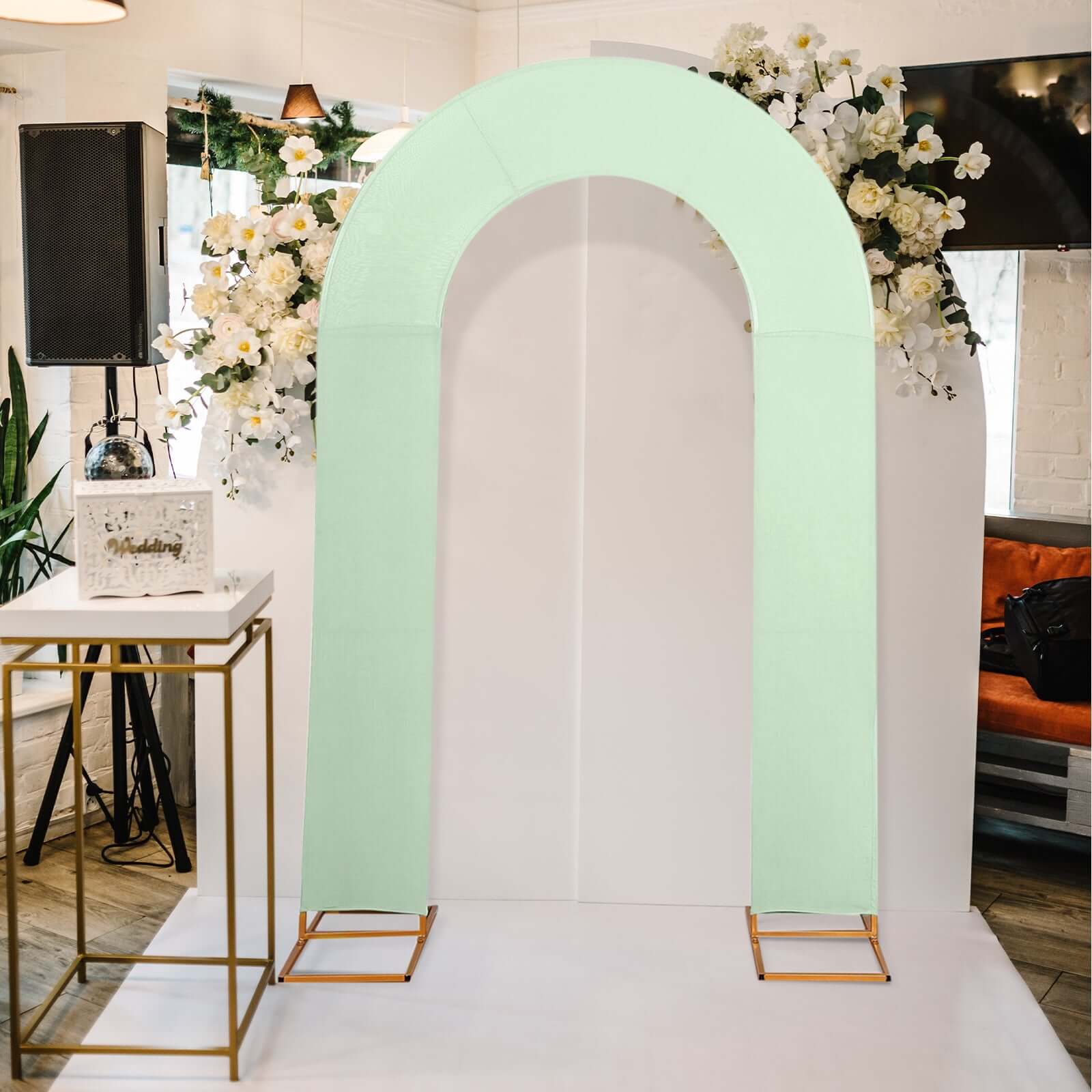 8ft Sage Green Spandex Fitted Open Arch Wedding Arch Cover, Double - Sided U - Shaped Backdrop Slipcover - Bell Racket Store