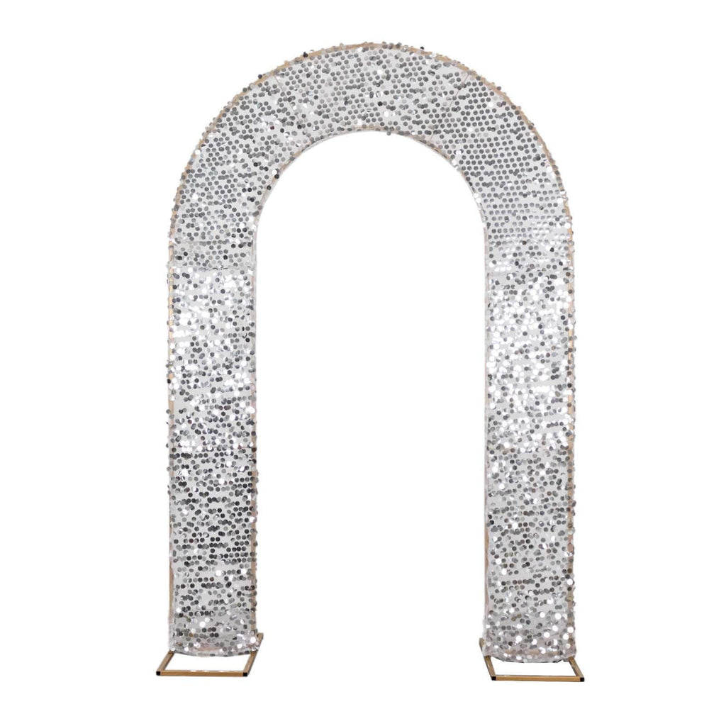 8ft Silver Big Payette Sequin Open Arch Wedding Arch Cover, Sparkly U - Shaped Fitted Backdrop Slipcover - Bell Racket Store