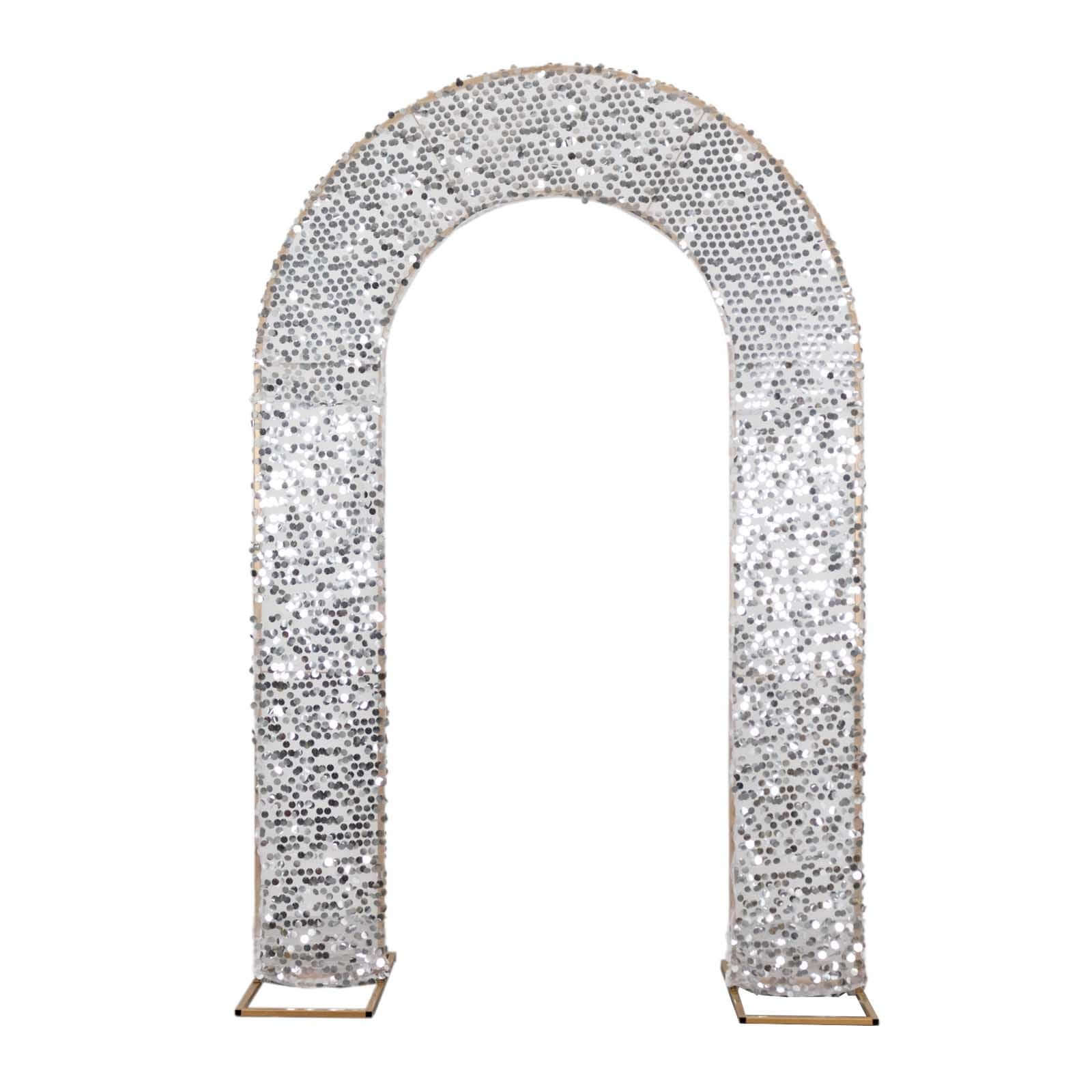 8ft Silver Big Payette Sequin Open Arch Wedding Arch Cover, Sparkly U - Shaped Fitted Backdrop Slipcover - Bell Racket Store