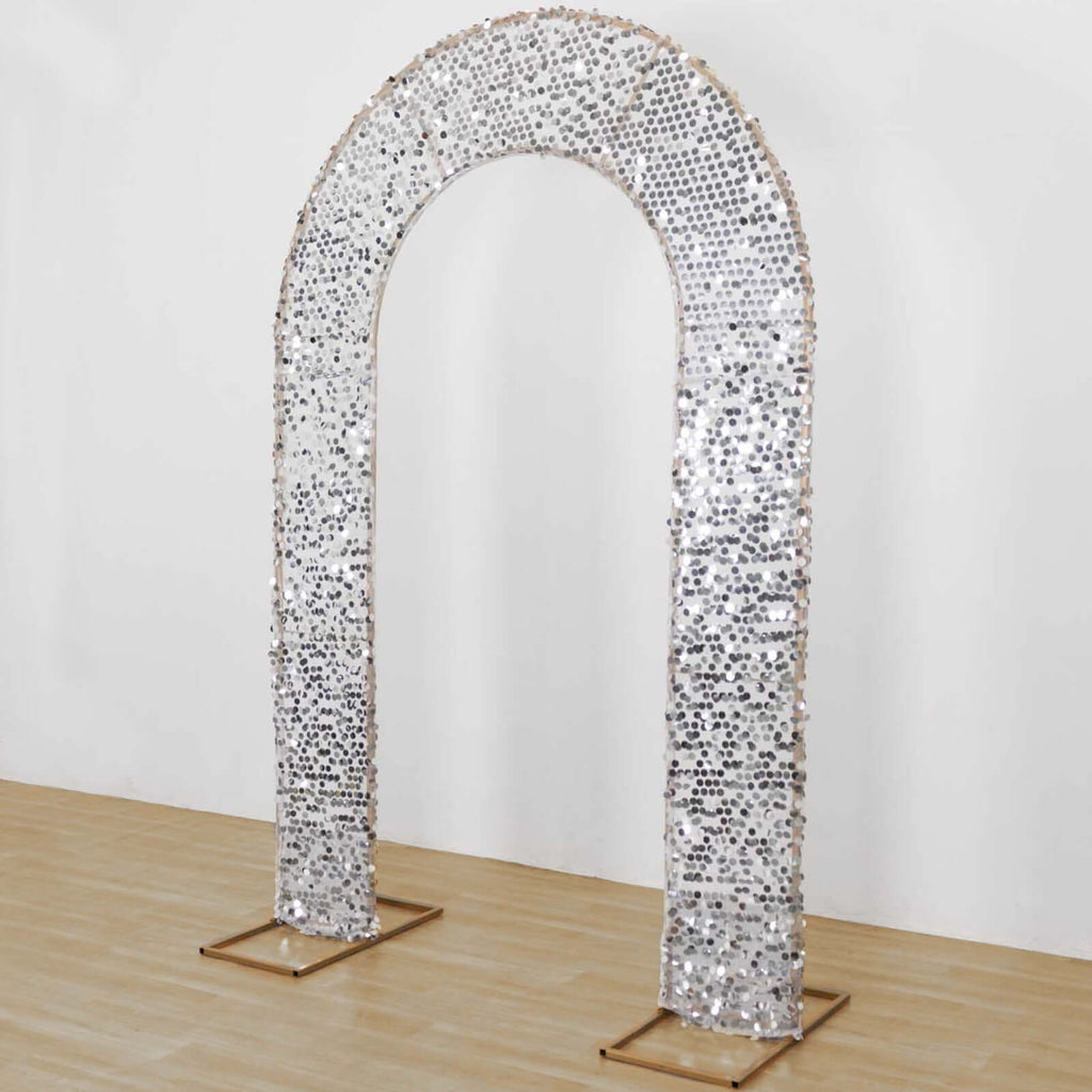 8ft Silver Big Payette Sequin Open Arch Wedding Arch Cover, Sparkly U - Shaped Fitted Backdrop Slipcover - Bell Racket Store