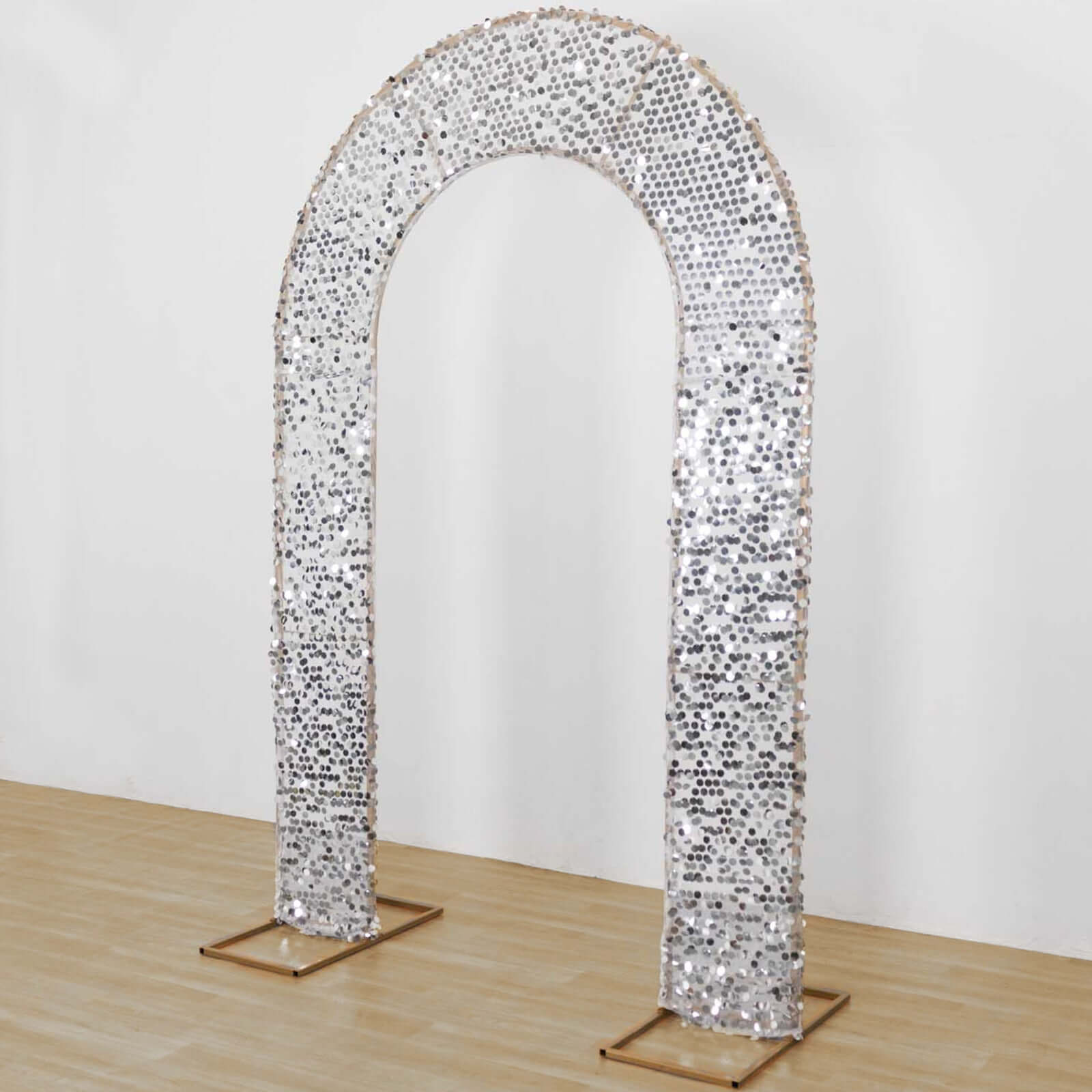 8ft Silver Big Payette Sequin Open Arch Wedding Arch Cover, Sparkly U - Shaped Fitted Backdrop Slipcover - Bell Racket Store