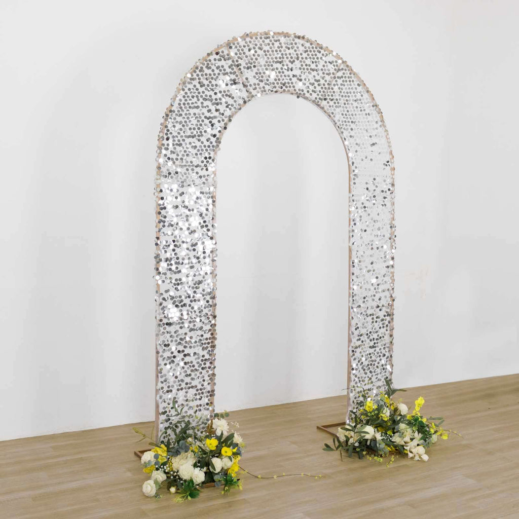 8ft Silver Big Payette Sequin Open Arch Wedding Arch Cover, Sparkly U - Shaped Fitted Backdrop Slipcover - Bell Racket Store
