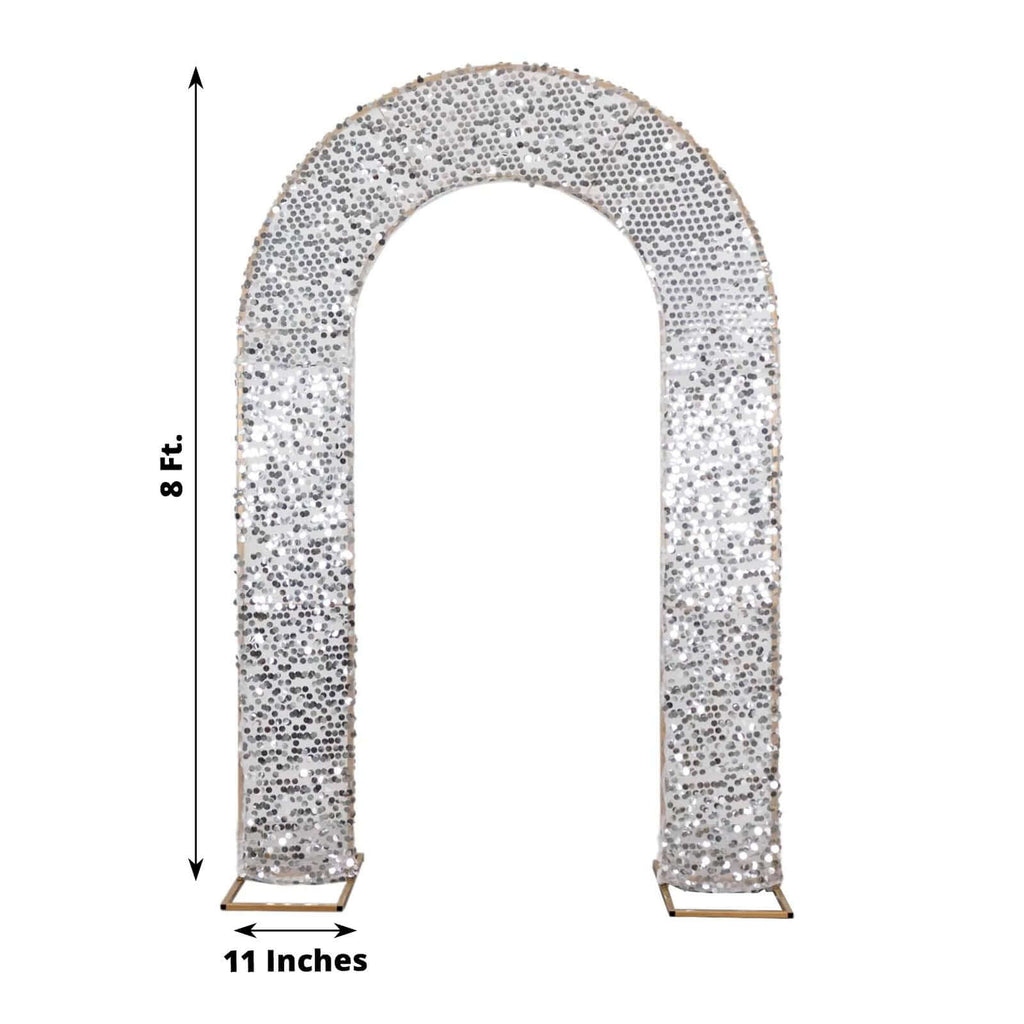 8ft Silver Big Payette Sequin Open Arch Wedding Arch Cover, Sparkly U - Shaped Fitted Backdrop Slipcover - Bell Racket Store