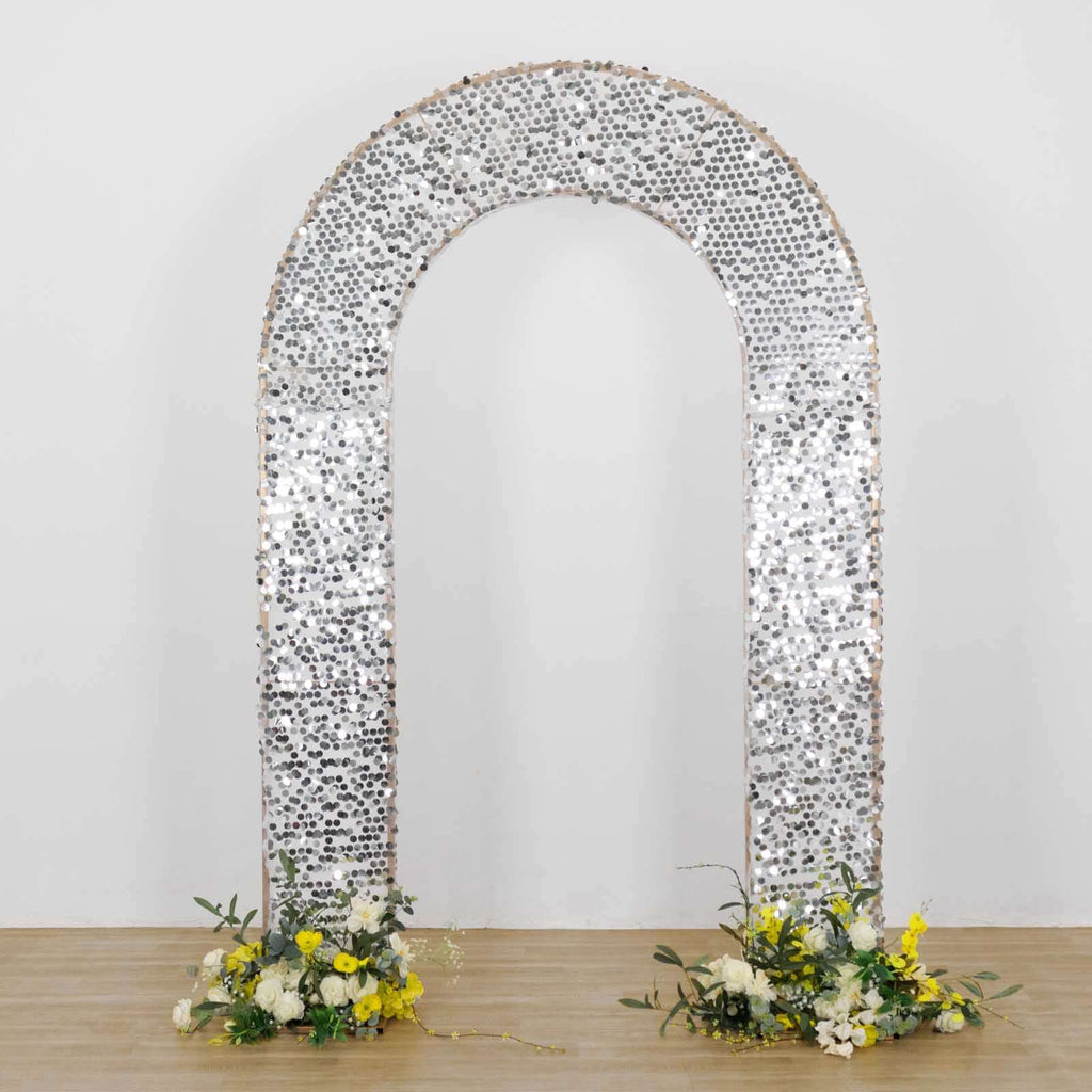 8ft Silver Big Payette Sequin Open Arch Wedding Arch Cover, Sparkly U - Shaped Fitted Backdrop Slipcover - Bell Racket Store