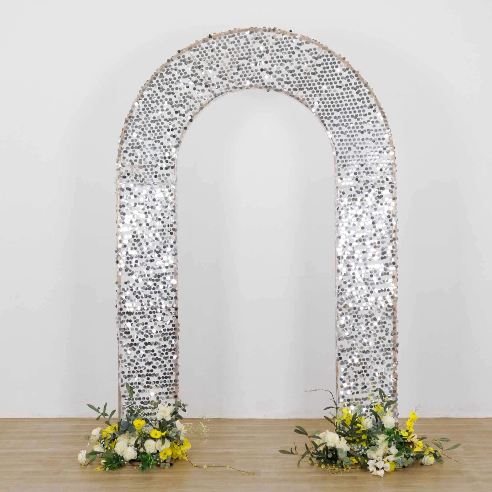 8ft Silver Big Payette Sequin Open Arch Wedding Arch Cover, Sparkly U - Shaped Fitted Backdrop Slipcover - Bell Racket Store