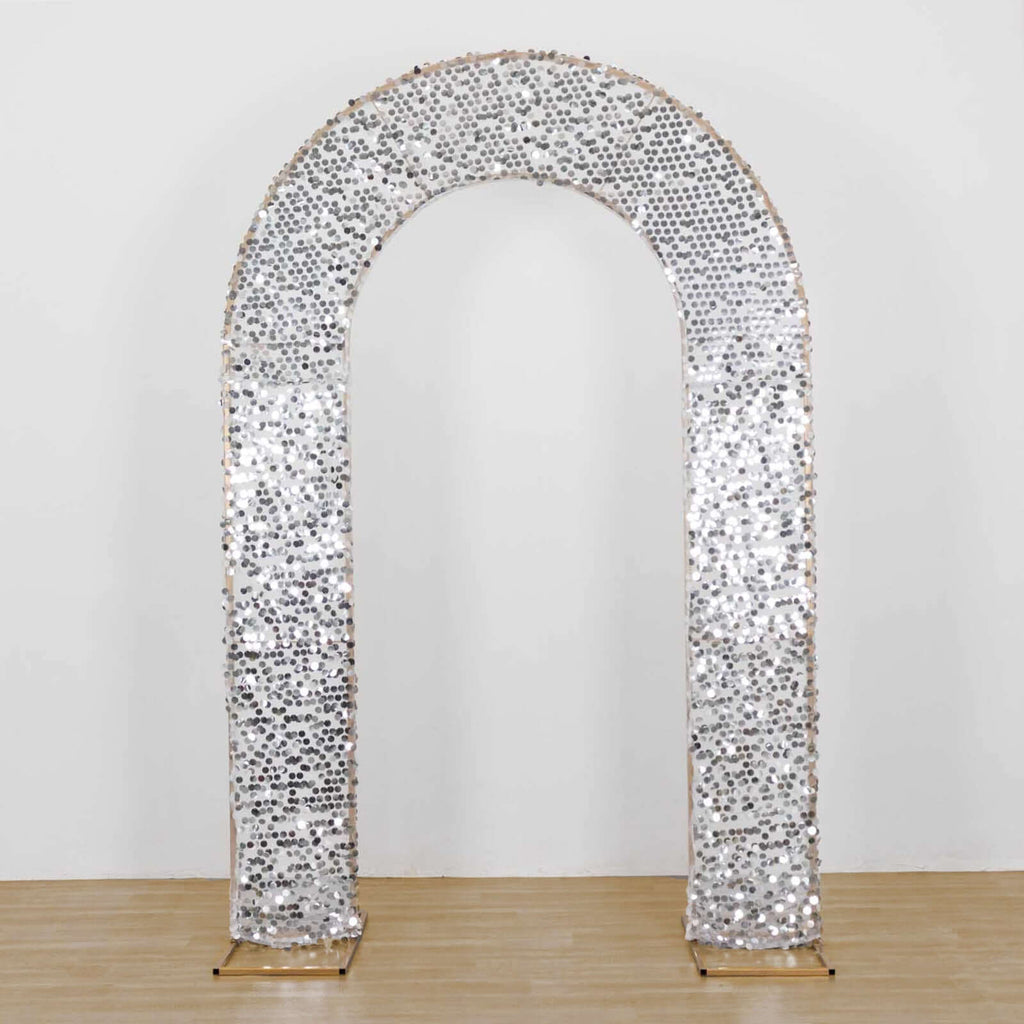8ft Silver Big Payette Sequin Open Arch Wedding Arch Cover, Sparkly U - Shaped Fitted Backdrop Slipcover - Bell Racket Store