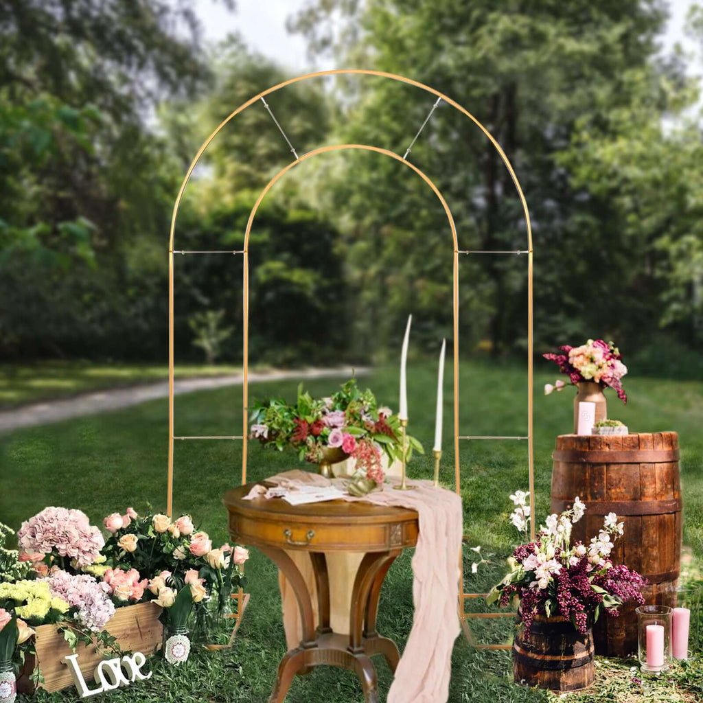 8ft Tall Gold Metal Round Top Double Arch Wedding Arbor Ceremony Stand, Flower Balloon Frame Backdrop Stand - Bell Racket Store