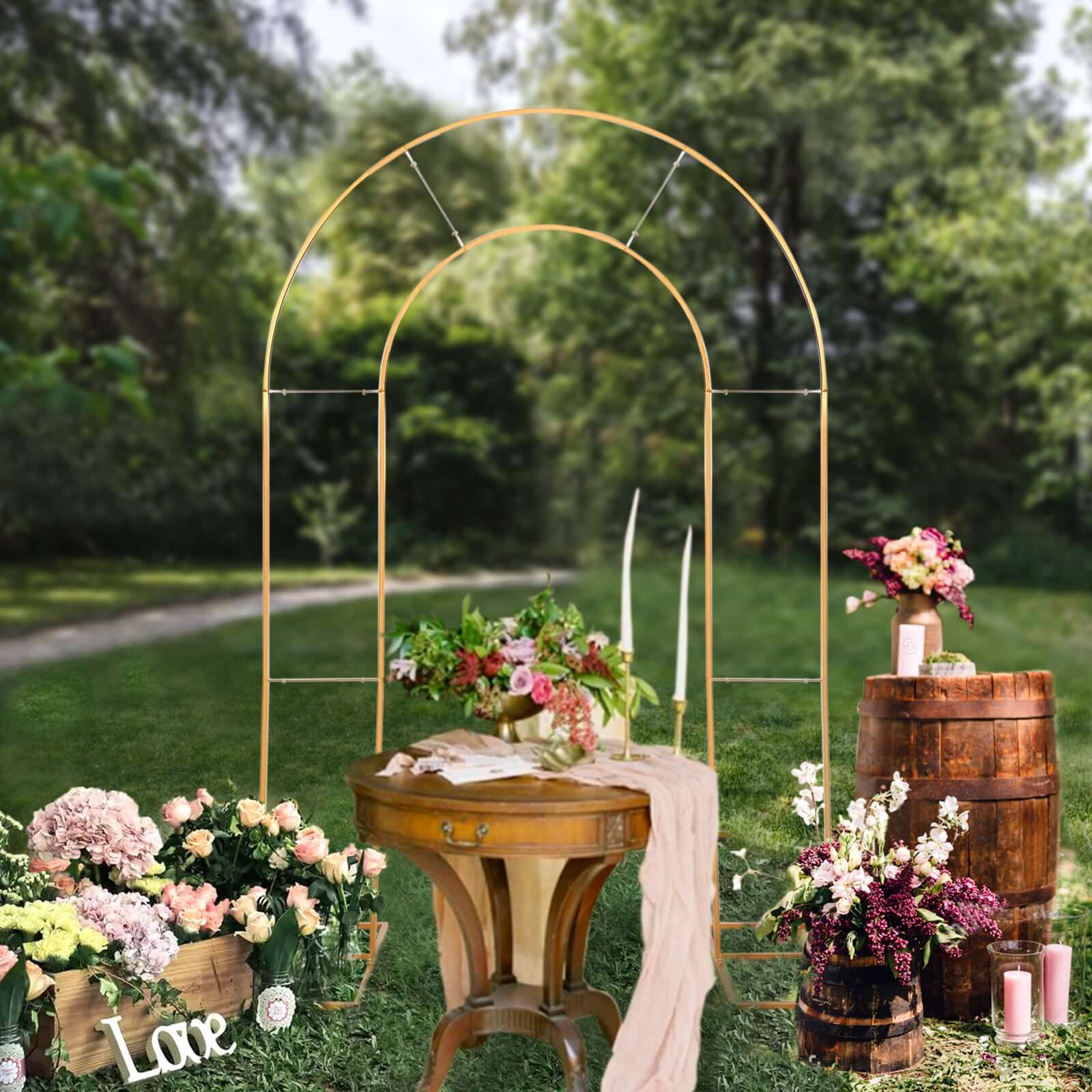 8ft Tall Gold Metal Round Top Double Arch Wedding Arbor Ceremony Stand, Flower Balloon Frame Backdrop Stand - Bell Racket Store
