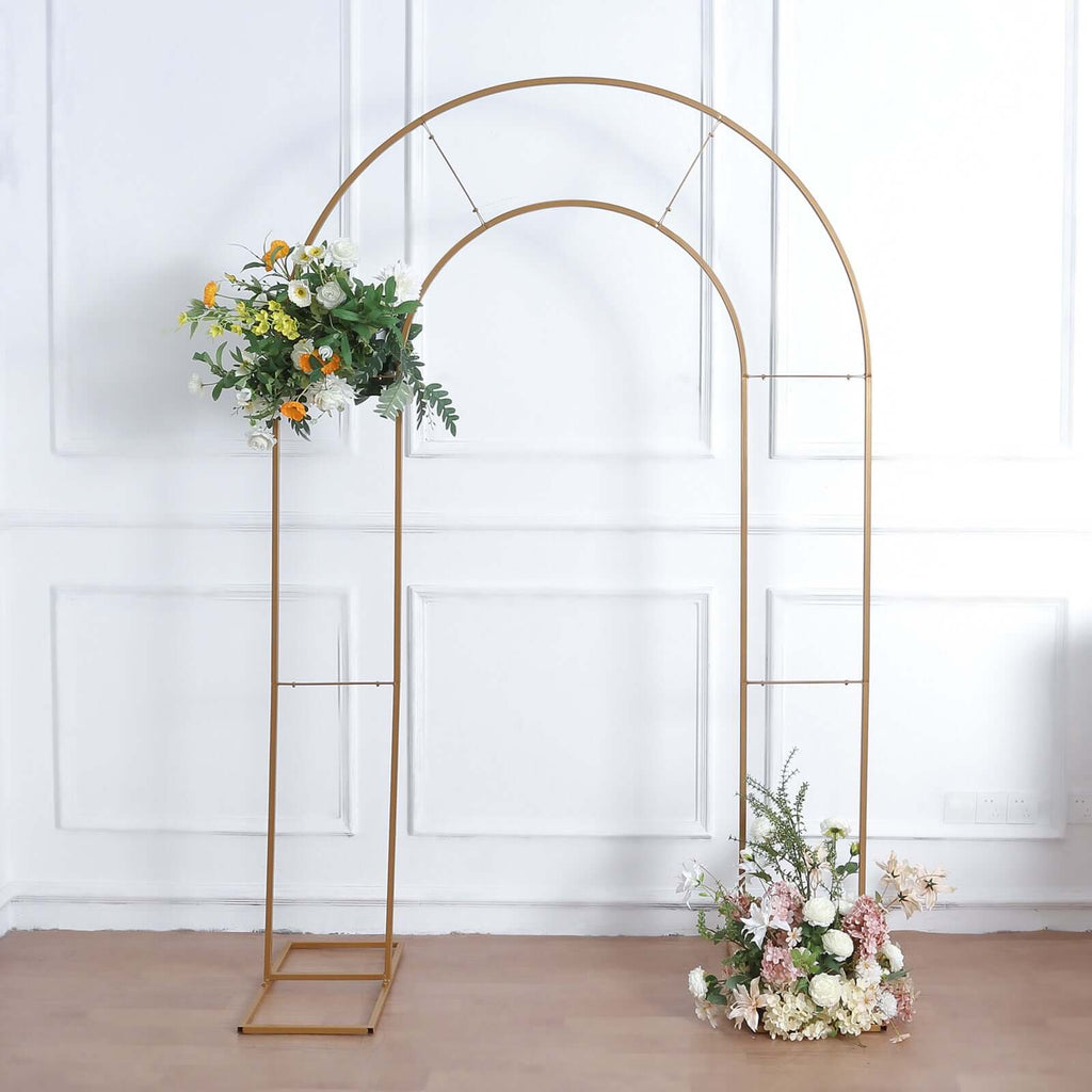 8ft Tall Gold Metal Round Top Double Arch Wedding Arbor Ceremony Stand, Flower Balloon Frame Backdrop Stand - Bell Racket Store