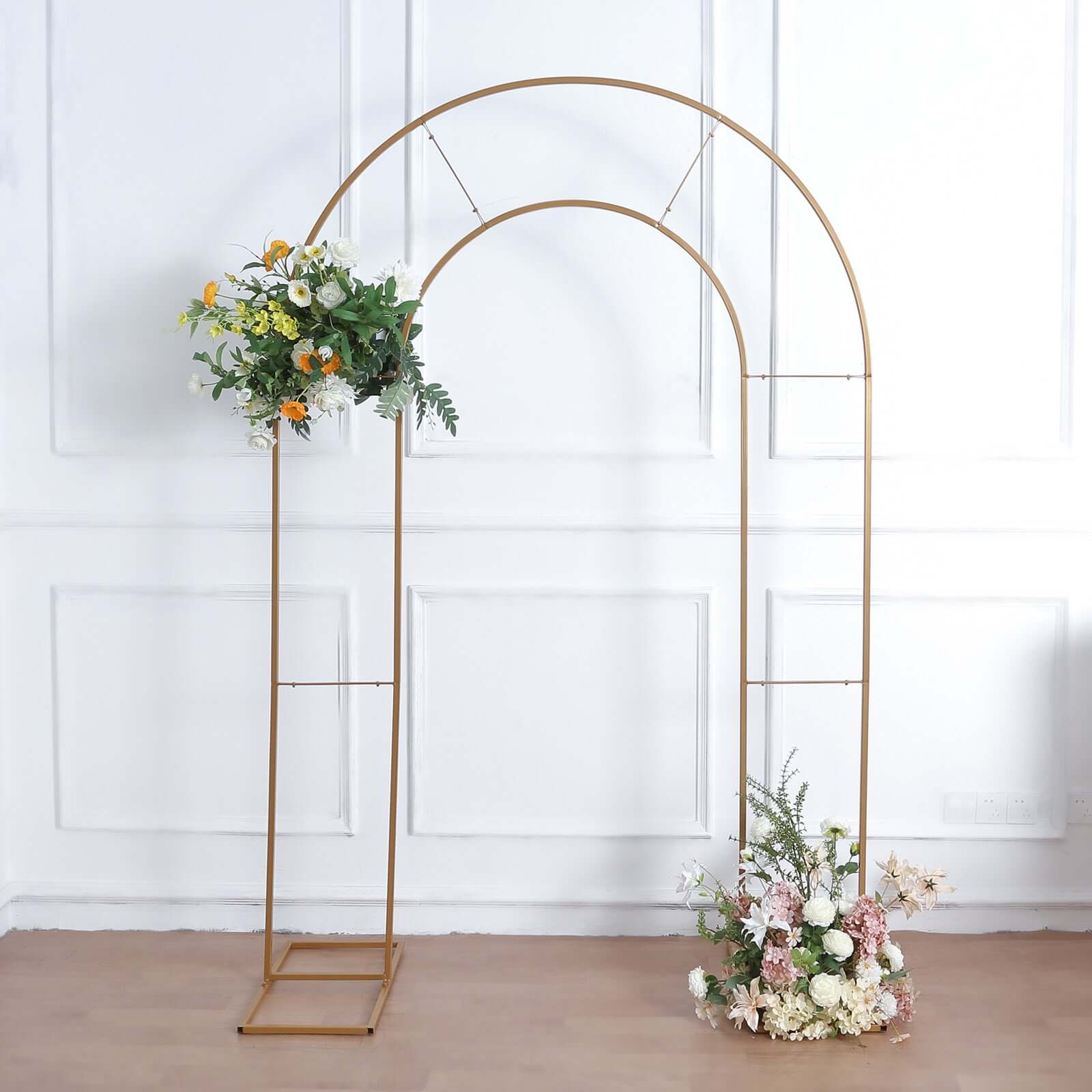 8ft Tall Gold Metal Round Top Double Arch Wedding Arbor Ceremony Stand, Flower Balloon Frame Backdrop Stand - Bell Racket Store
