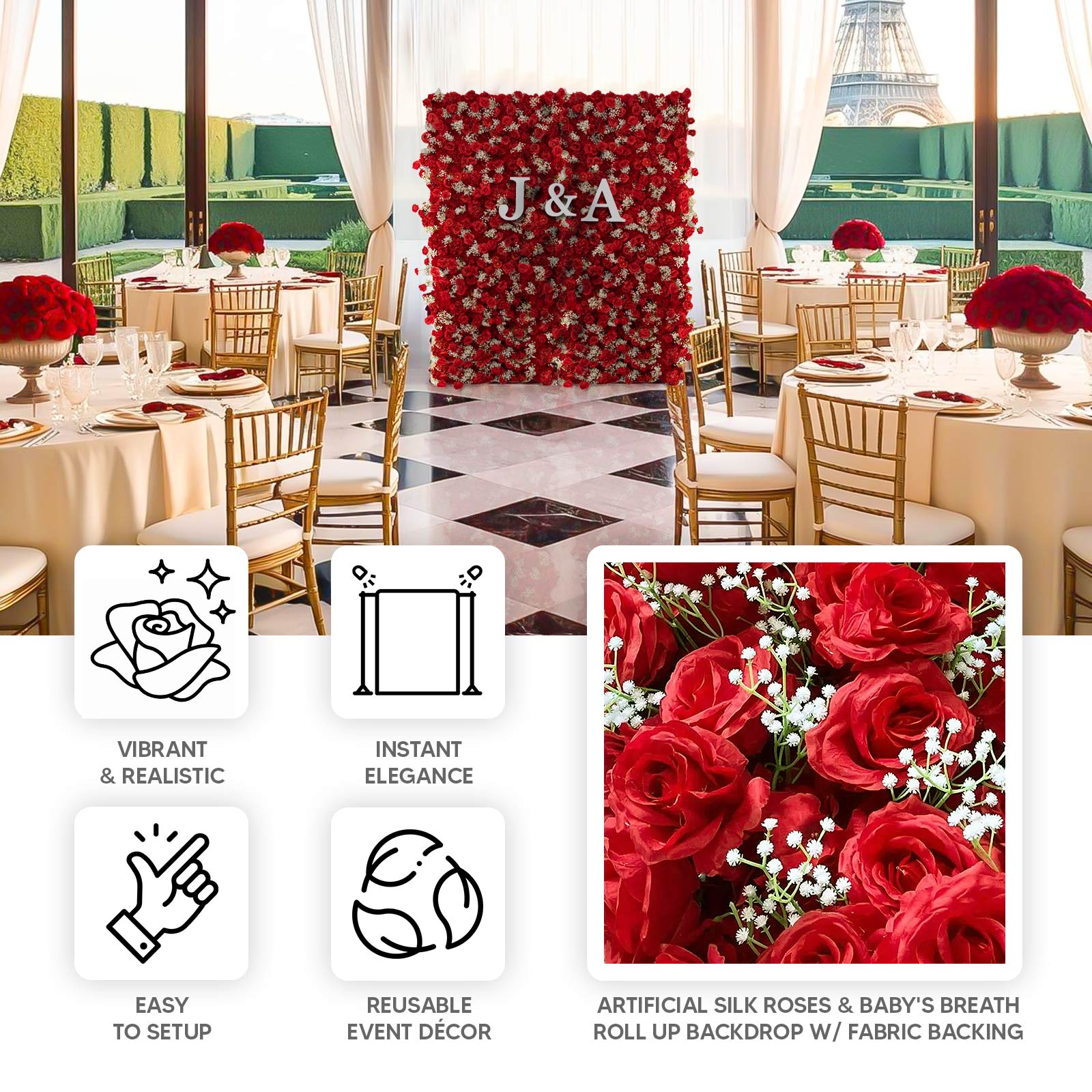 8ftx4ft Roll Up Artificial Flower Wall Panel Backdrop with Red Silk Roses & Baby's Breath - Bell Racket Store