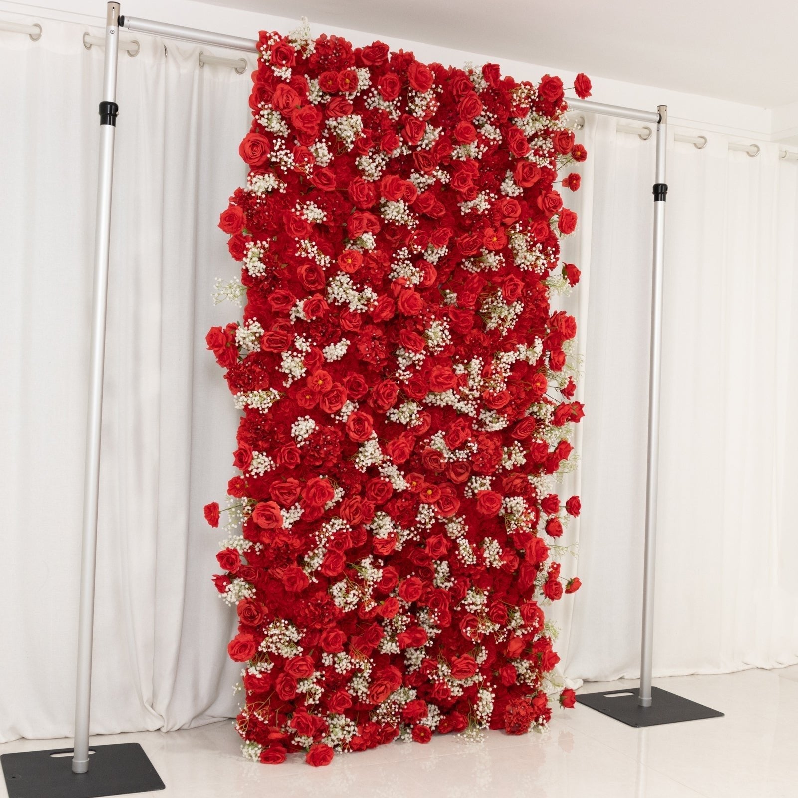 8ftx4ft Roll Up Artificial Flower Wall Panel Backdrop with Red Silk Roses & Baby's Breath - Bell Racket Store