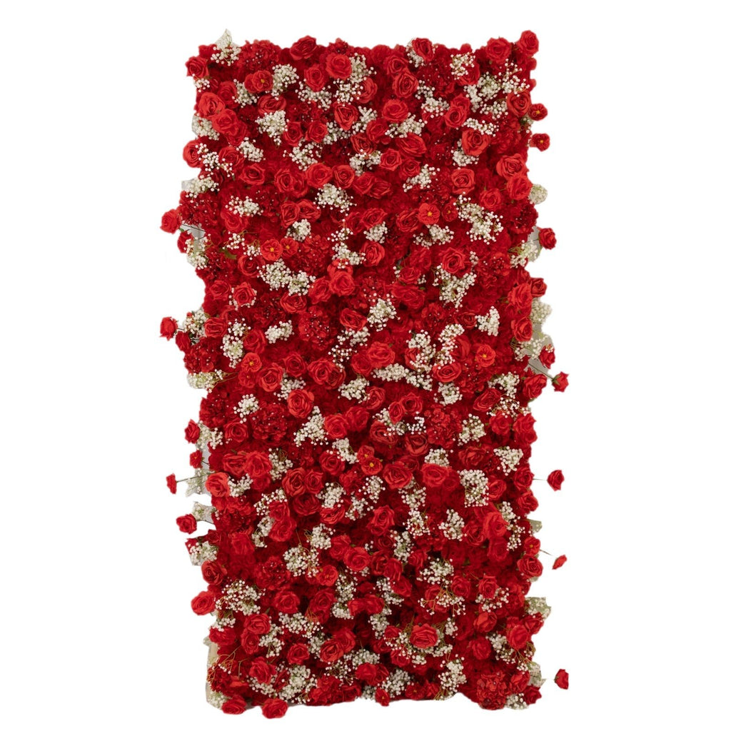 8ftx4ft Roll Up Artificial Flower Wall Panel Backdrop with Red Silk Roses & Baby's Breath - Bell Racket Store