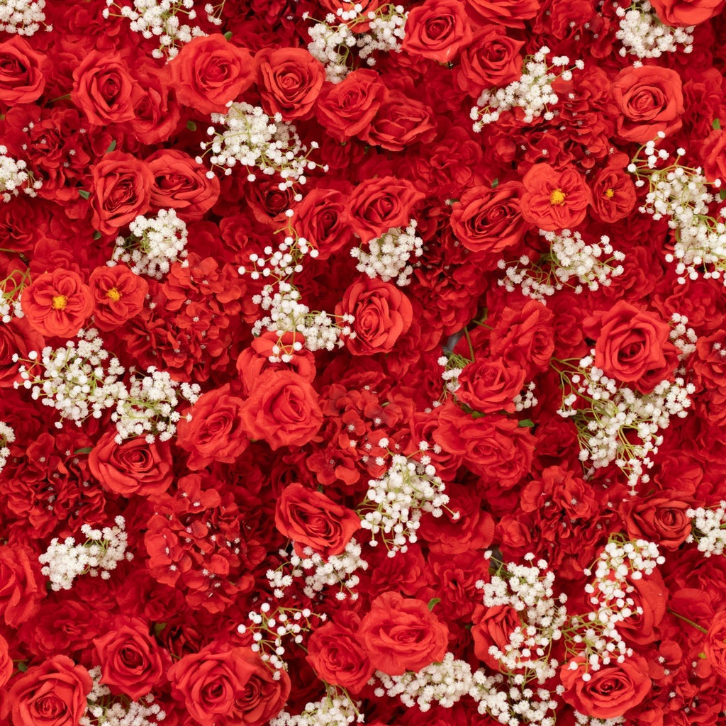8ftx4ft Roll Up Artificial Flower Wall Panel Backdrop with Red Silk Roses & Baby's Breath - Bell Racket Store
