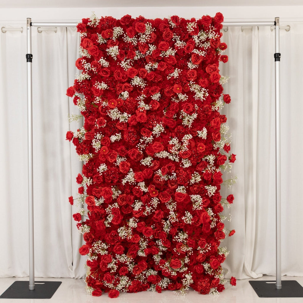 8ftx4ft Roll Up Artificial Flower Wall Panel Backdrop with Red Silk Roses & Baby's Breath - Bell Racket Store