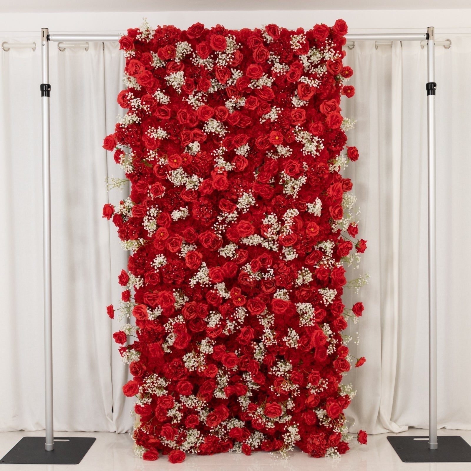 8ftx4ft Roll Up Artificial Flower Wall Panel Backdrop with Red Silk Roses & Baby's Breath - Bell Racket Store