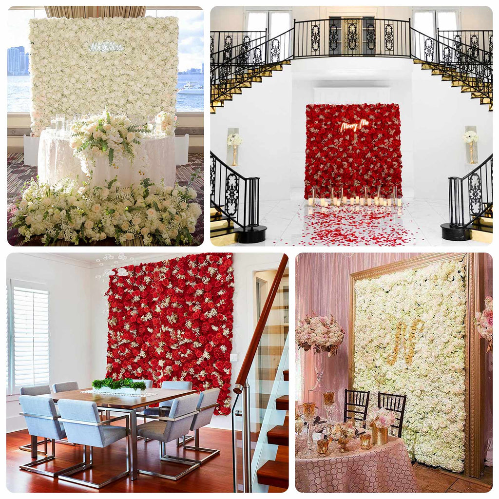 8ftx4ft Roll Up Artificial Flower Wall Panel Backdrop with Red Silk Roses & Baby's Breath - Bell Racket Store