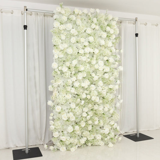 8ftx4ft Roll Up Artificial Flower Wall Panel Backdrop with White Silk Roses & Baby's Breath - Bell Racket Store