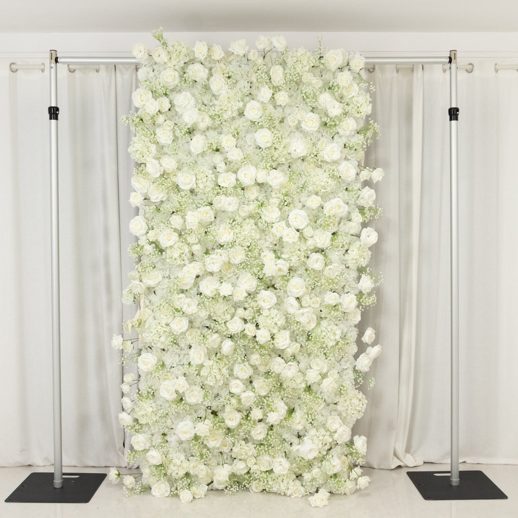 8ftx4ft Roll Up Artificial Flower Wall Panel Backdrop with White Silk Roses & Baby's Breath - Bell Racket Store