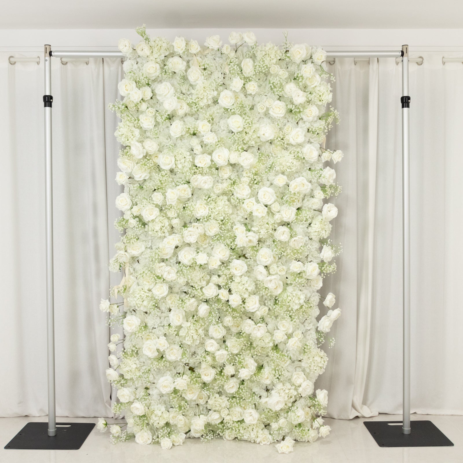 8ftx4ft Roll Up Artificial Flower Wall Panel Backdrop with White Silk Roses & Baby's Breath - Bell Racket Store