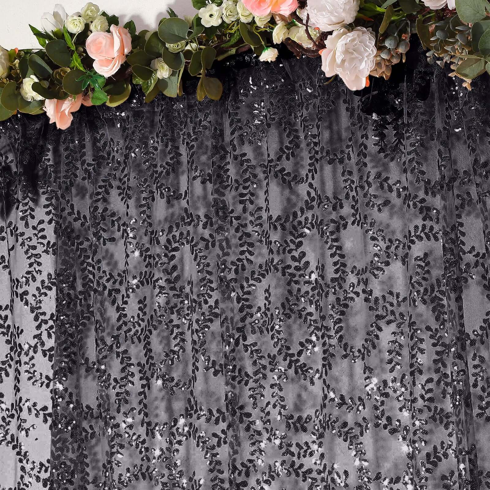 8ftx8ft Black Embroider Sequin Event Curtain Drapes, Sparkly Sheer Backdrop Event Panel With Embroidery Leaf - Bell Racket Store