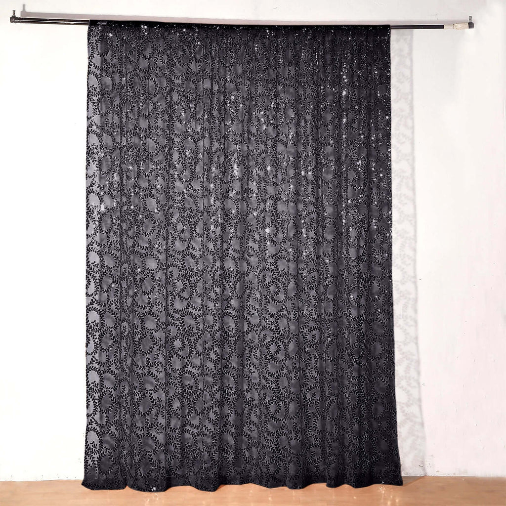 8ftx8ft Black Embroider Sequin Event Curtain Drapes, Sparkly Sheer Backdrop Event Panel With Embroidery Leaf - Bell Racket Store