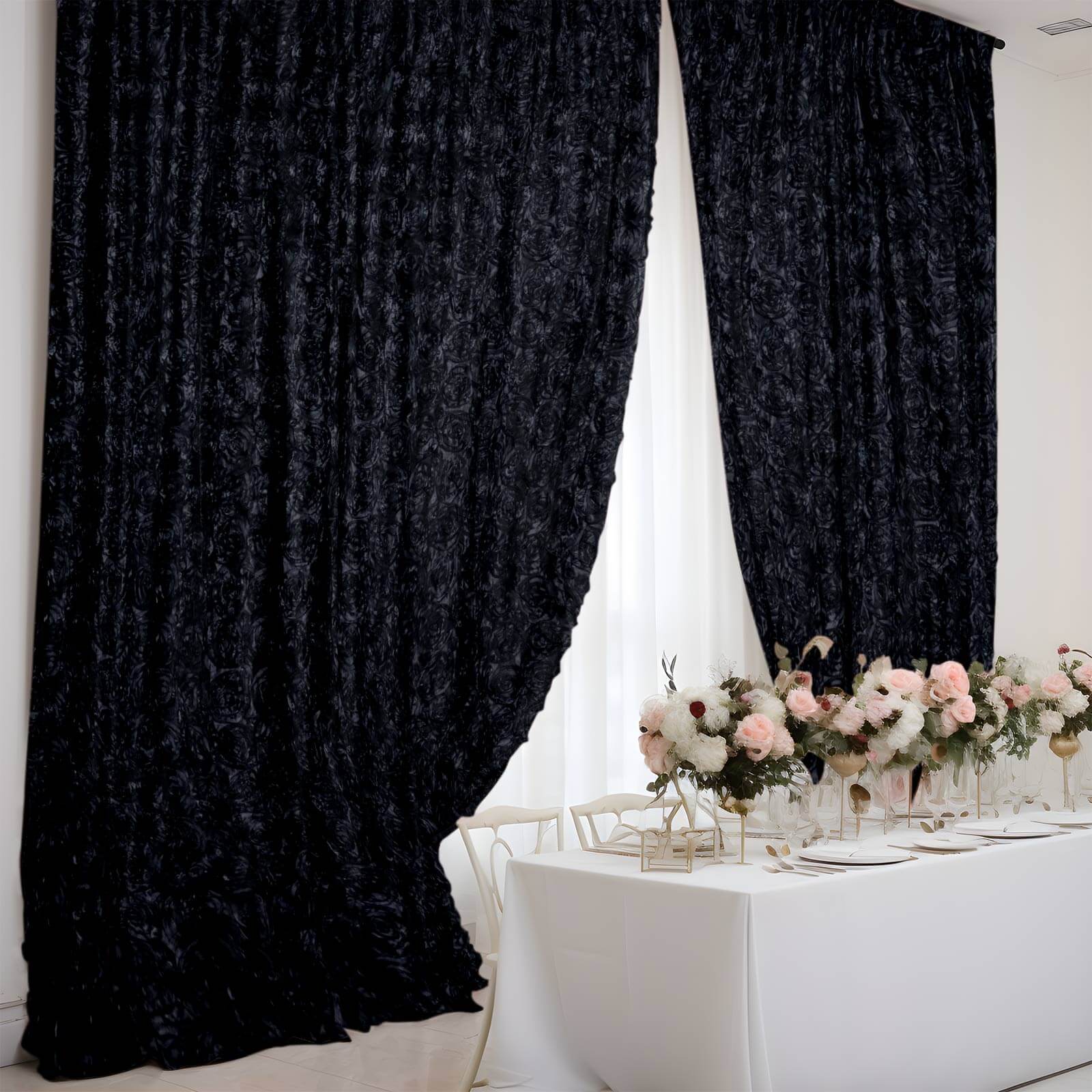 8ftx8ft Black Satin Rosette Event Curtain Drapes, Backdrop Event Panel - Bell Racket Store