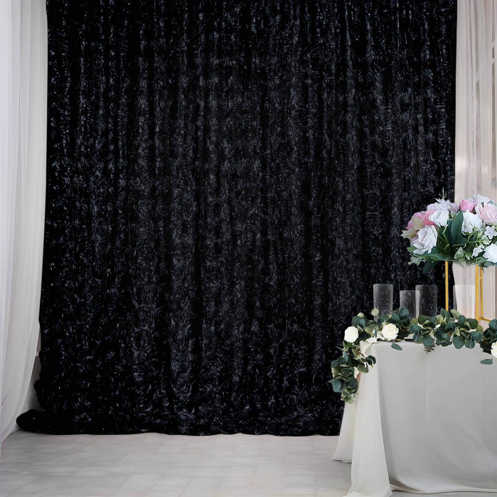 8ftx8ft Black Satin Rosette Event Curtain Drapes, Backdrop Event Panel - Bell Racket Store