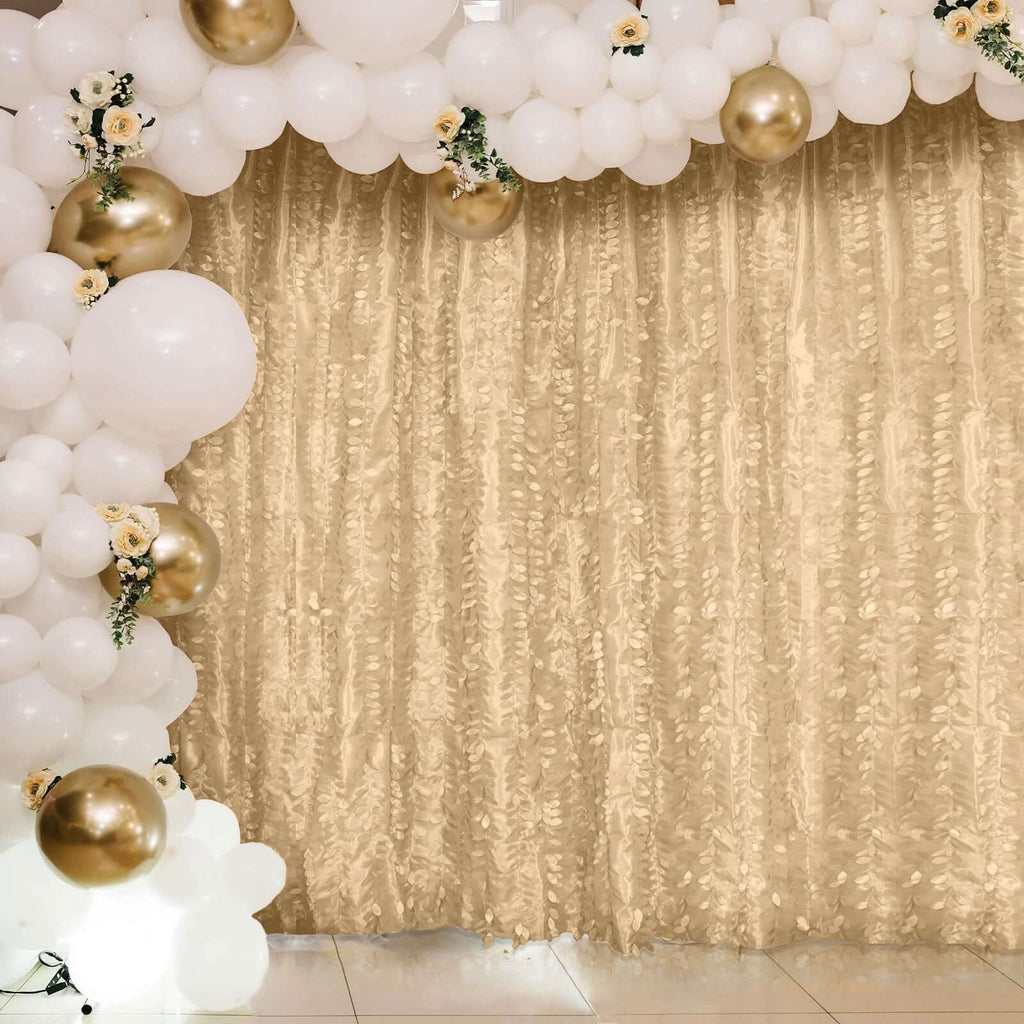 8ftx8ft Champagne 3D Leaf Petal Taffeta Event Curtain Drapes, Backdrop Event Panel With Rod Pocket - Bell Racket Store
