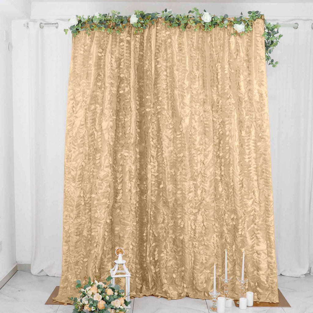 8ftx8ft Champagne 3D Leaf Petal Taffeta Event Curtain Drapes, Backdrop Event Panel With Rod Pocket - Bell Racket Store