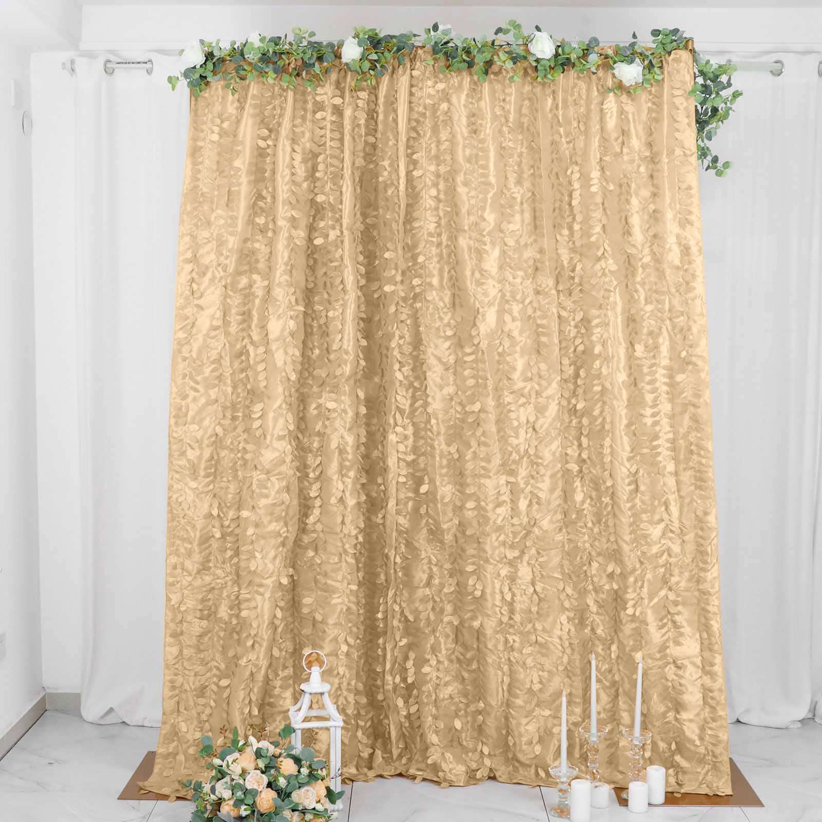8ftx8ft Champagne 3D Leaf Petal Taffeta Event Curtain Drapes, Backdrop Event Panel With Rod Pocket - Bell Racket Store