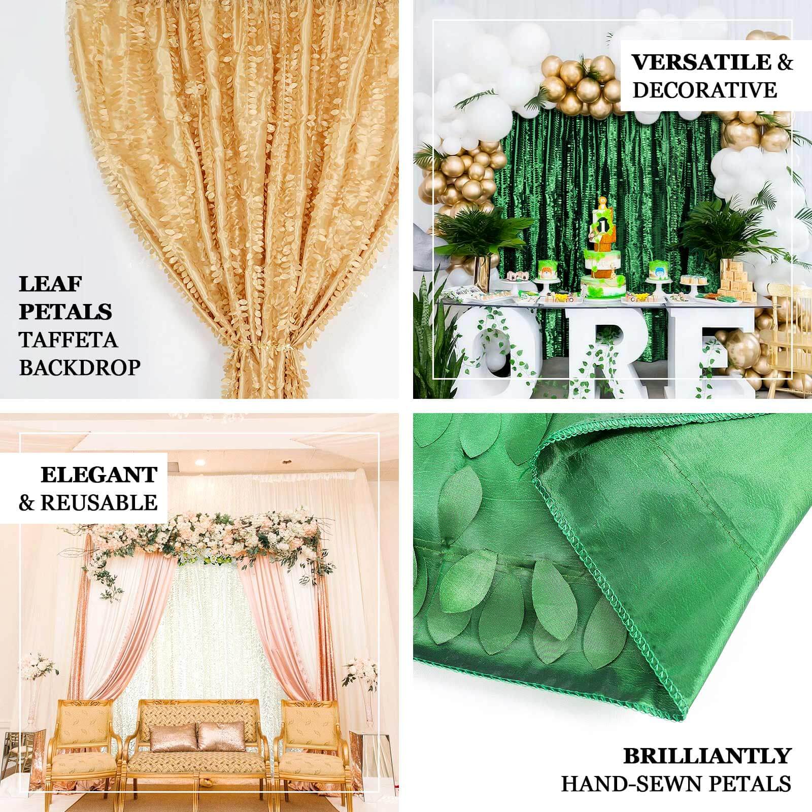 8ftx8ft Champagne 3D Leaf Petal Taffeta Event Curtain Drapes, Backdrop Event Panel With Rod Pocket - Bell Racket Store