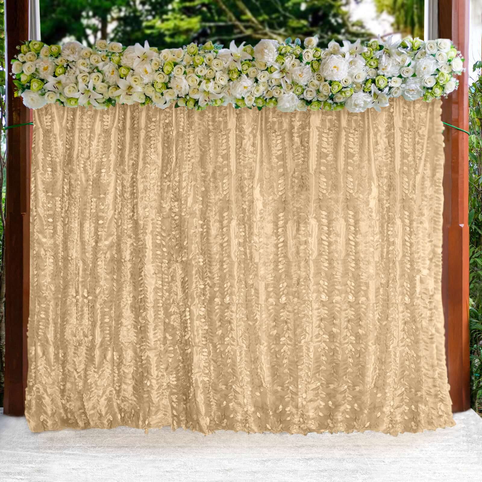 8ftx8ft Champagne 3D Leaf Petal Taffeta Event Curtain Drapes, Backdrop Event Panel With Rod Pocket - Bell Racket Store