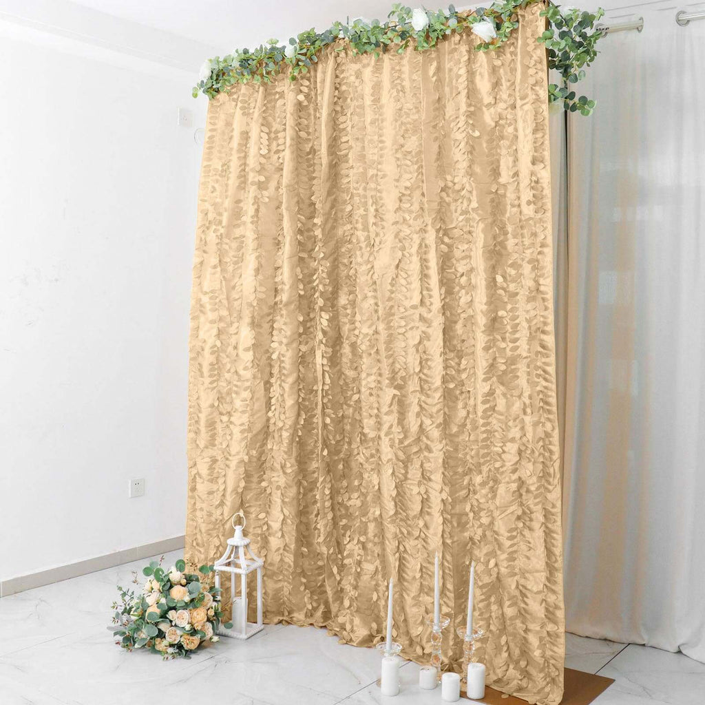 8ftx8ft Champagne 3D Leaf Petal Taffeta Event Curtain Drapes, Backdrop Event Panel With Rod Pocket - Bell Racket Store